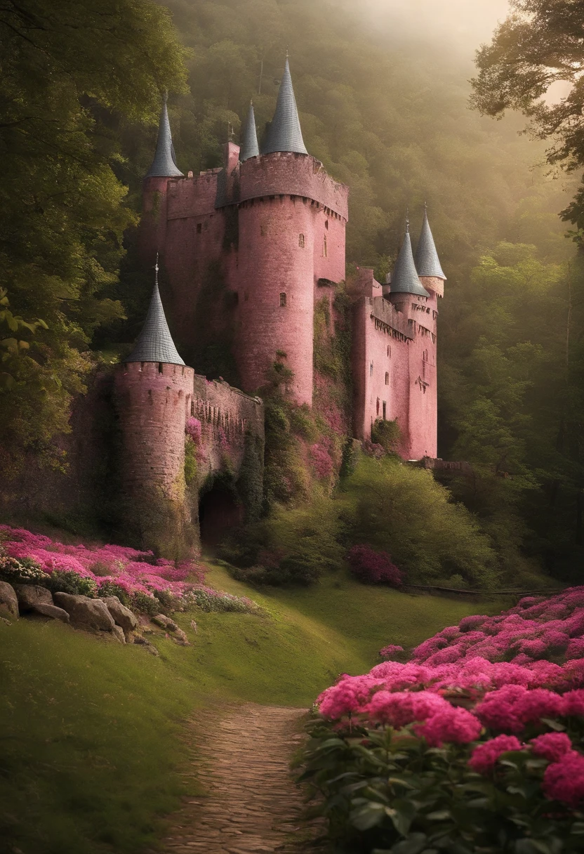 Fundo com castelo rosa , floresta, filme, infantil