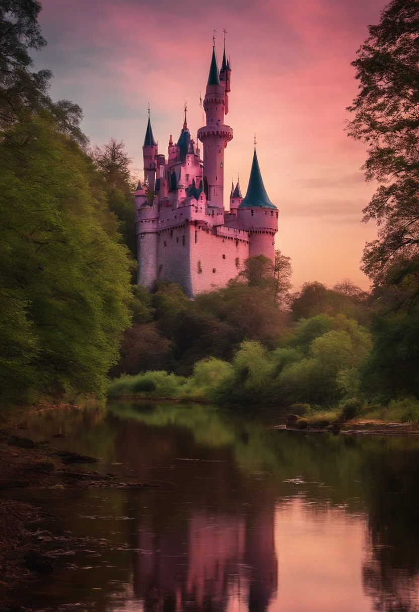 Fundo com castelo rosa , floresta, filme, infantil
