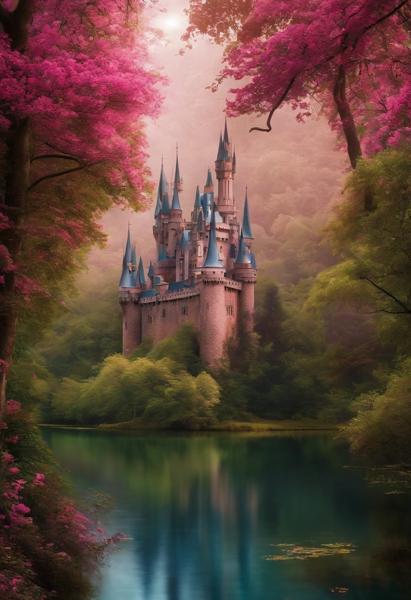 Fundo com castelo rosa , floresta, filme, infantil