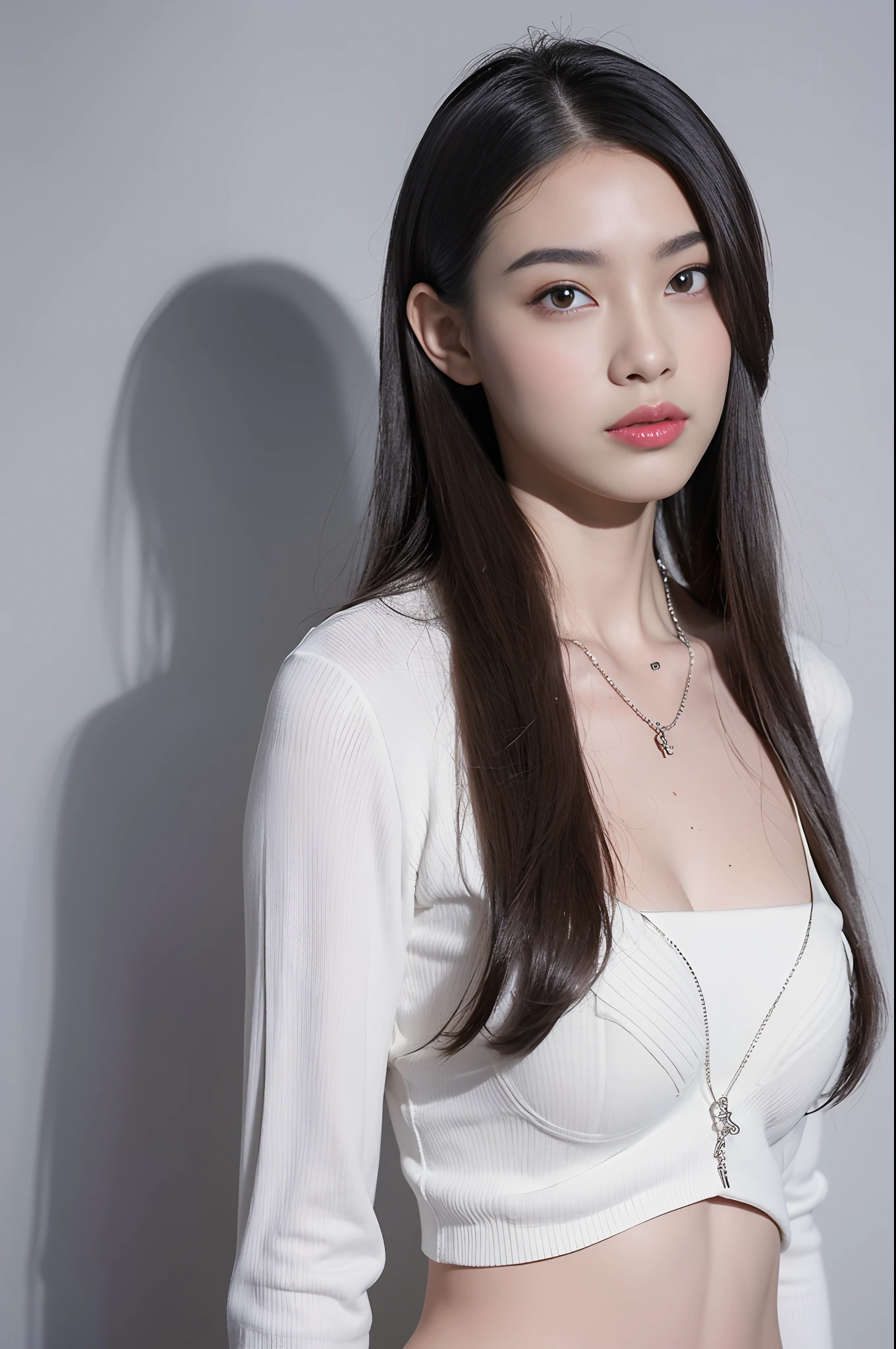 (extra detailed body、extra detailed face、best qualtiy:1.2)、21-year-old woman、looking at the viewers、(Wacky fashion、Gaultier's worldview、耳Nipple Ring、a necklace、Mode system、fashionshow)、(Stylish walls, Gray and white on background:1.4)、small tits、very small breasts、Model body type、Slimed、A slender、Silver Hair