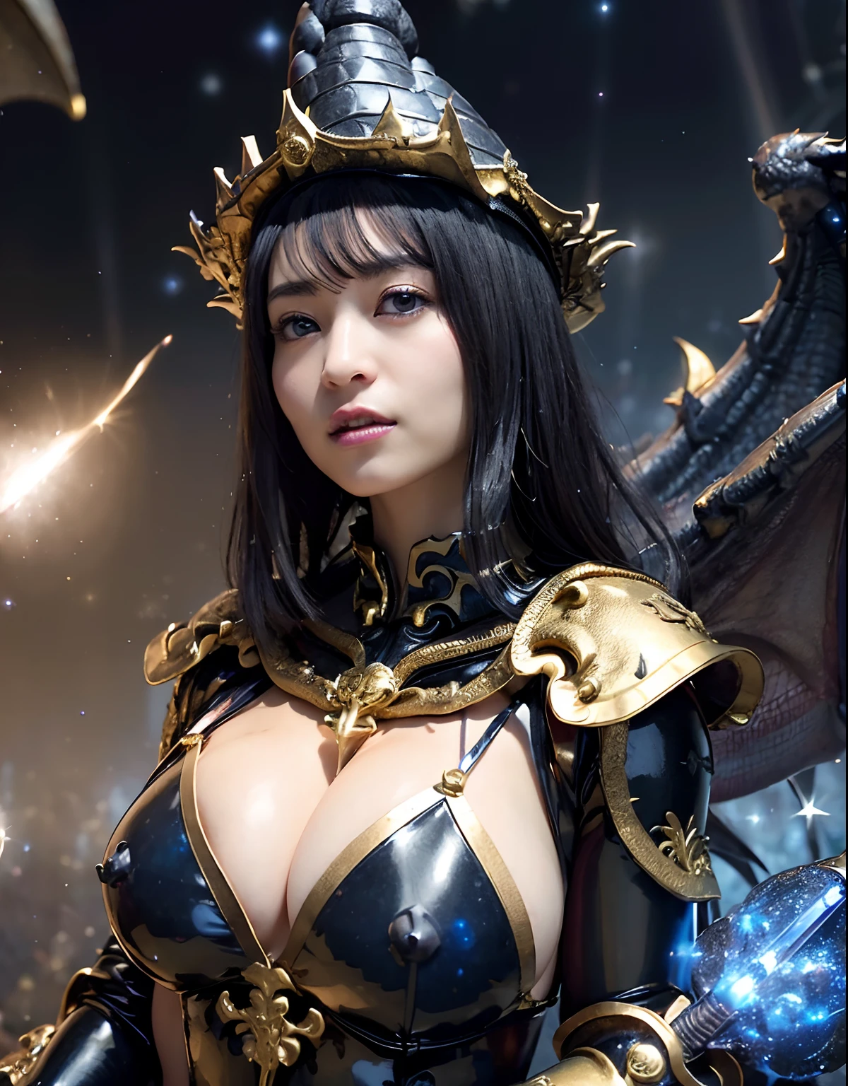 ((World of Darkness)),Professional , ​masterpiece、top-quality、photos realistic , depth of fields 、(((With a magic wand of gems))),（Dragon Black Metal Body:1.9),(latex black-blue、（cleavage of the breast）（Fight dragons）、、(((Particles of light))),（Micro Bikini Armor:1.7),Gorgeous gold weapons ,（Fight dragons）、Seductive look、（blood splattere、（(((With a magic wand))), ） , (((Wearing a black latex wizard hat))),（demonic wings）   ,（（a blond））、（Castle background）、（（Gangle's forest background））、Beautiful Caucasian beauty、１a person、dynamic ungle,(((Detailed and ornate dragon wizard hat)))、Smaller head、A smile、Castle background、Thin and beautiful female hands、cleavage of the breast、Soldier in iron armor on background、Mystical expression、Light Effects、intense fighting、Wind-effect、magic circles、With the legendary magic wand、Dragon's tail、explosions、Toostock、Toostock、