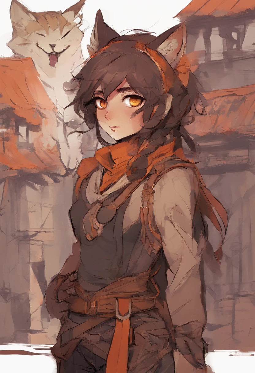 nonbinary gendered, fantasy, PERSON WITH CAT EARS, dnd style, brown chin-length hair, reddish-orange eyes, slit eyes, 5'6, 107 lbs, fully clothed, leather traveler's clothes, no tits