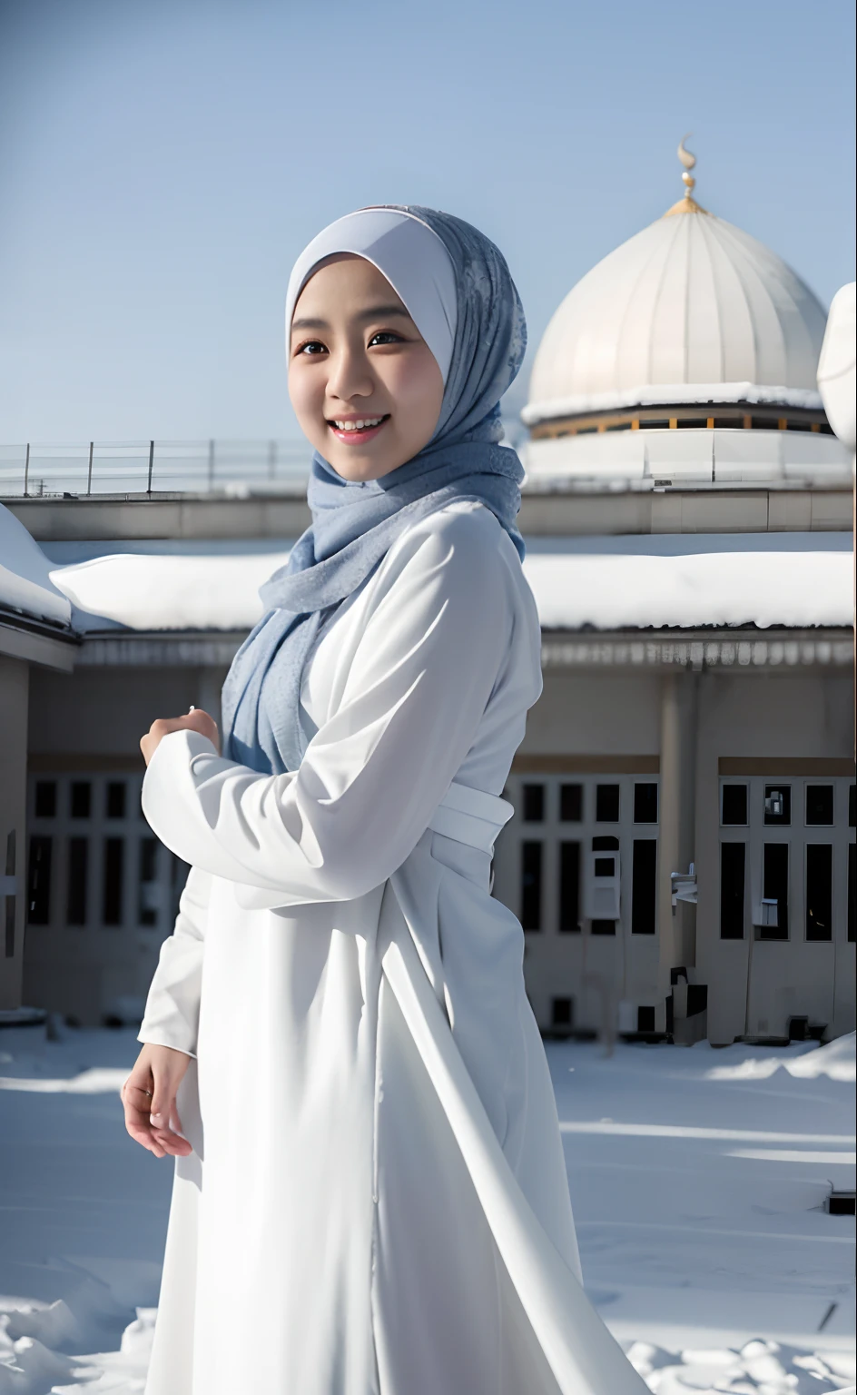 Best quality, 4K picture quality, 1 malay girl in hijab, white Hanfu, snow, long hijab fluttering in the wind, healing smile, large aperture, blurred background, blue mosque in background, movie shot framing, high quality, cinematic scene, cinematic lighting, cool ambient, ultra detail, 8k,
