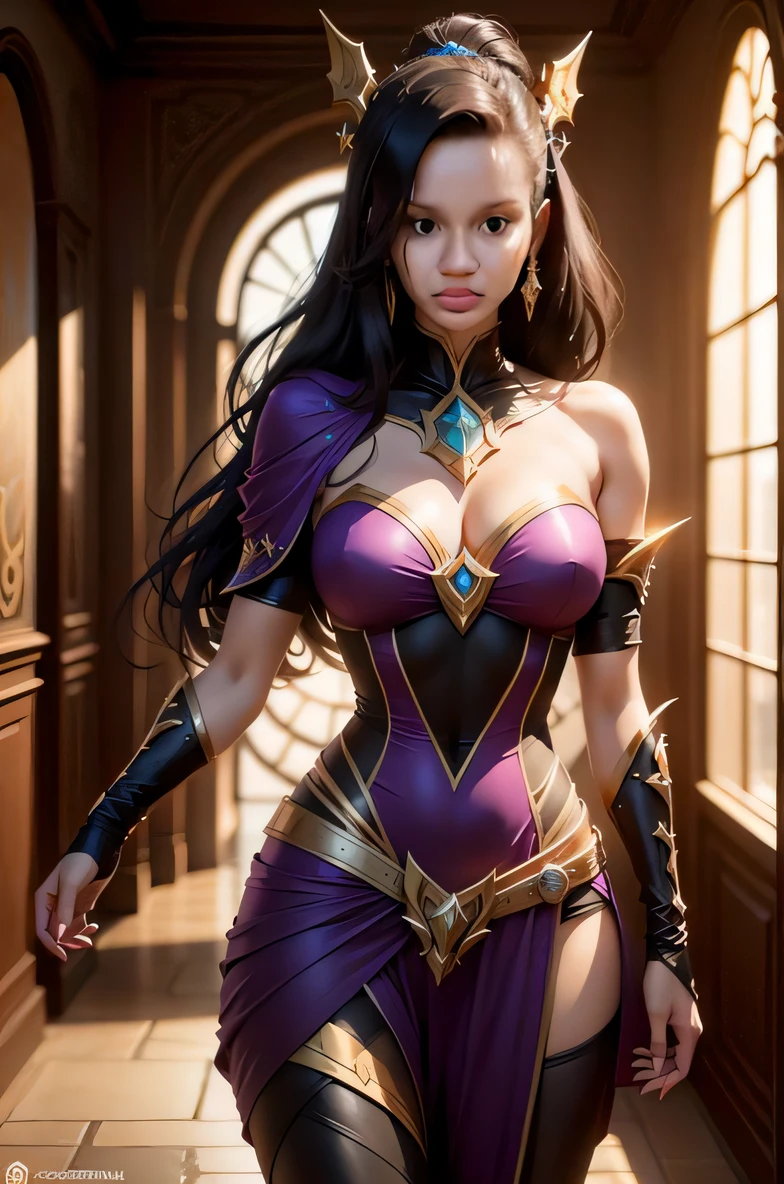 A woman in a purple and gold costume is posing for a photo, Samira de League of Legends, Irelia de League of Legends, como visto no Artgerm, Artgerm extremamente detalhado, ne zha de smite, Modelo IG | Artgerm, wlop e Artgerm, Artgerm detalhado, estilo de Artgerm