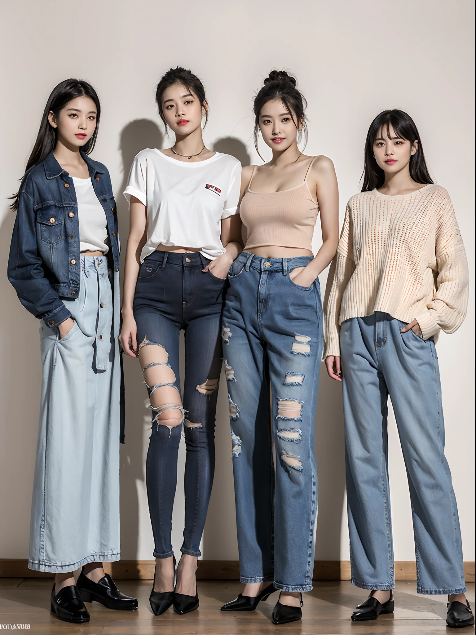(RAW photo:1.2), (Photorealistic:1.4),Beautiful detailed woman,very detailed eyes and faces, A detailed eye, ultra - detailed, A high resolution, The is very detailed,best qualtiy,illustratio,unified,8k 壁纸,tmasterpiece,best qualtiy,A group of young women standing side by side in skirts, casual clothing style, casual modern clothing, blackpink, modern casual clothing, wearing casual cloths, female human body whole body, ( ( ( wearing denim ) ) ), Fashion clothing, photoshoot, wearing black clothes, wearing casual cloths，Nice shoes