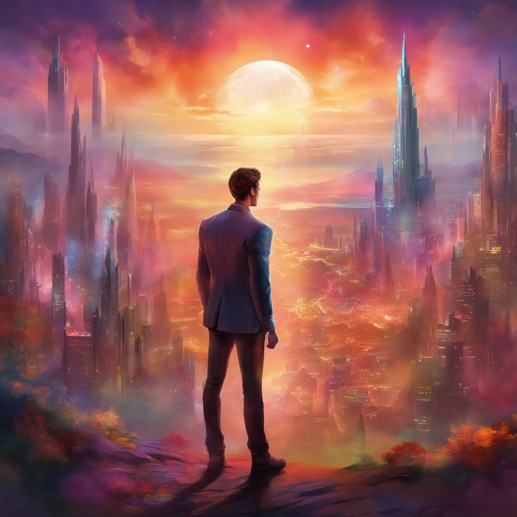kunstwerk, knallig bunte farben, abstrakt, Upper body young man in shirt from behind with skyscrapers in front of him