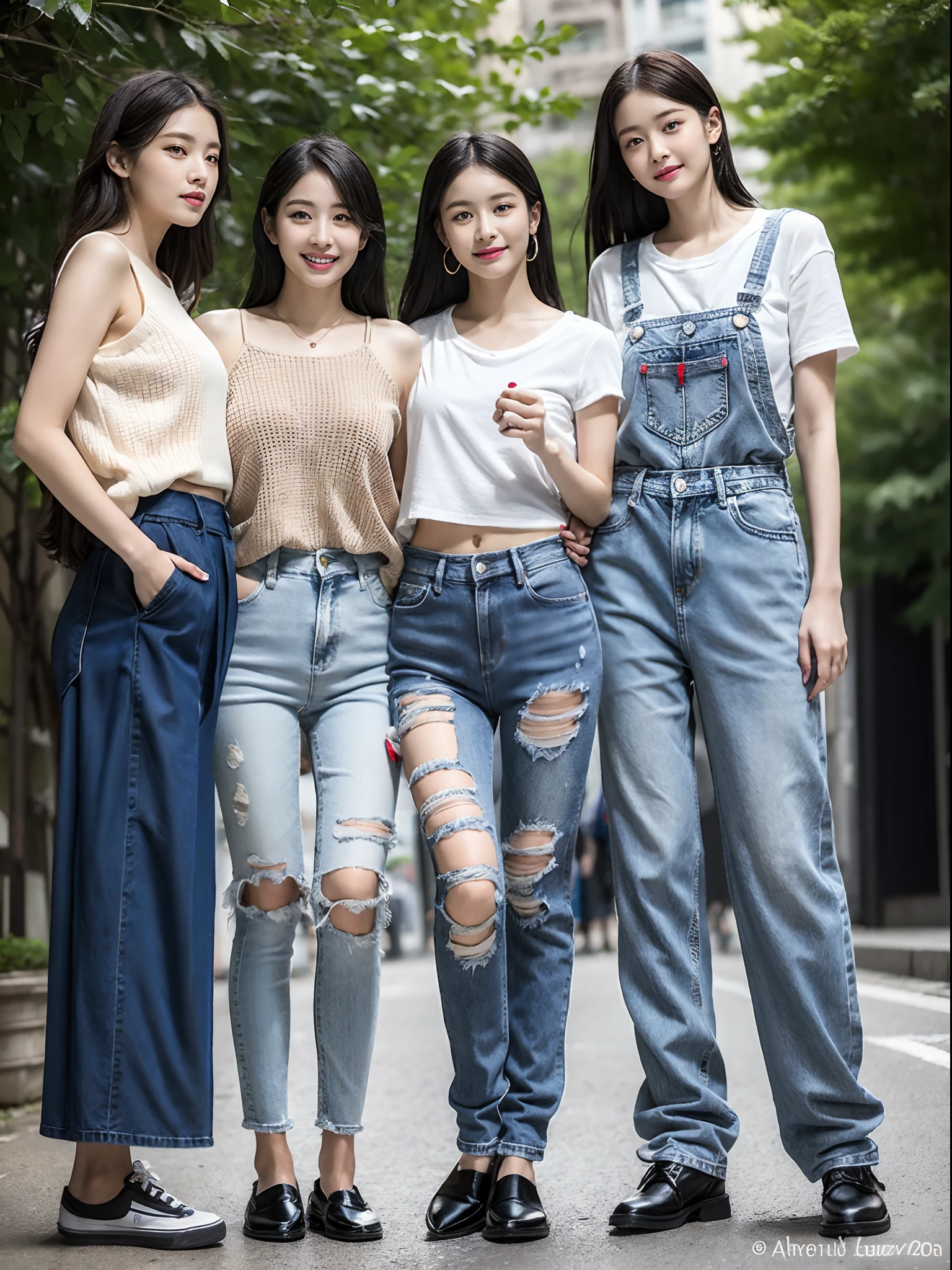 (RAW photo:1.2), (Photorealistic:1.4),Beautiful detailed woman,very detailed eyes and faces, A detailed eye, ultra - detailed, A high resolution, The is very detailed,best qualtiy,illustratio,unified,8k 壁纸,tmasterpiece,best qualtiy,A group of young women standing side by side in skirts, casual clothing style, casual modern clothing, blackpink, modern casual clothing, wearing casual cloths, female human body whole body, ( ( ( wearing denim ) ) ), Fashion clothing, photoshoot, wearing black clothes, wearing casual cloths，Nice shoes