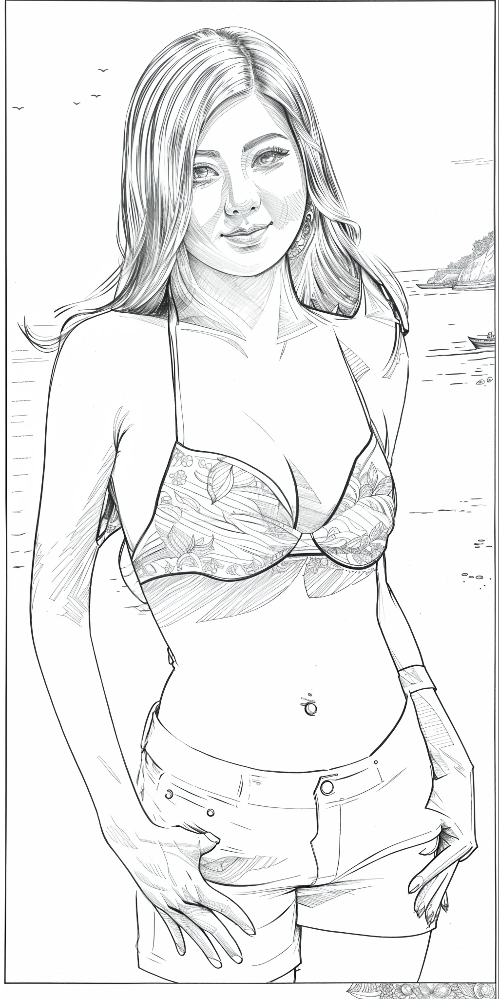 black ball pen sketch line art,super detail sketch,detail cross-hatching,seaside background