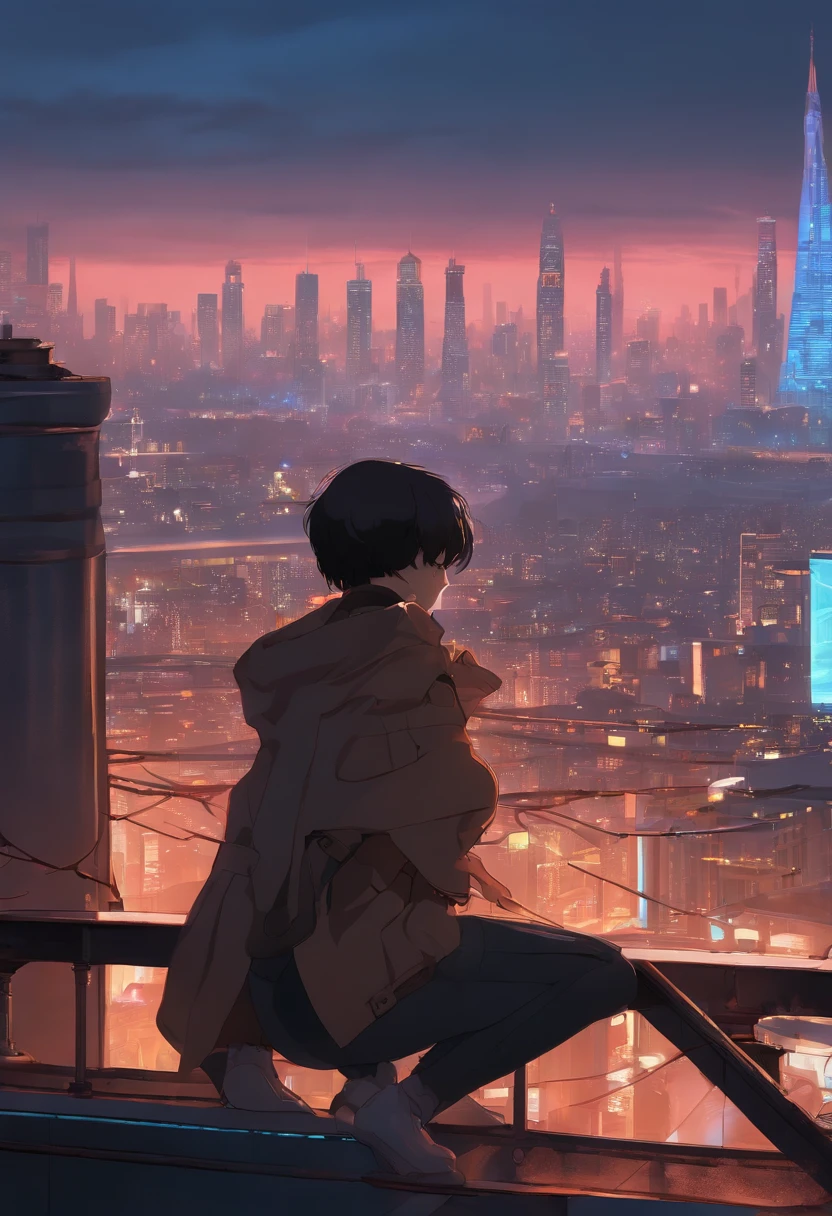 On the rooftop、((Magnificent city views))、 neon city background, Mechanical City, Akira Anime Cyberpunk, Humid air、(early evening)