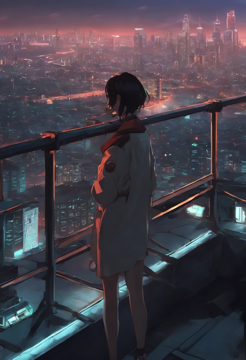 On the rooftop、((Magnificent city views))、 neon city background, Mechanical City, Akira Anime Cyberpunk, Humid air、(early evening)