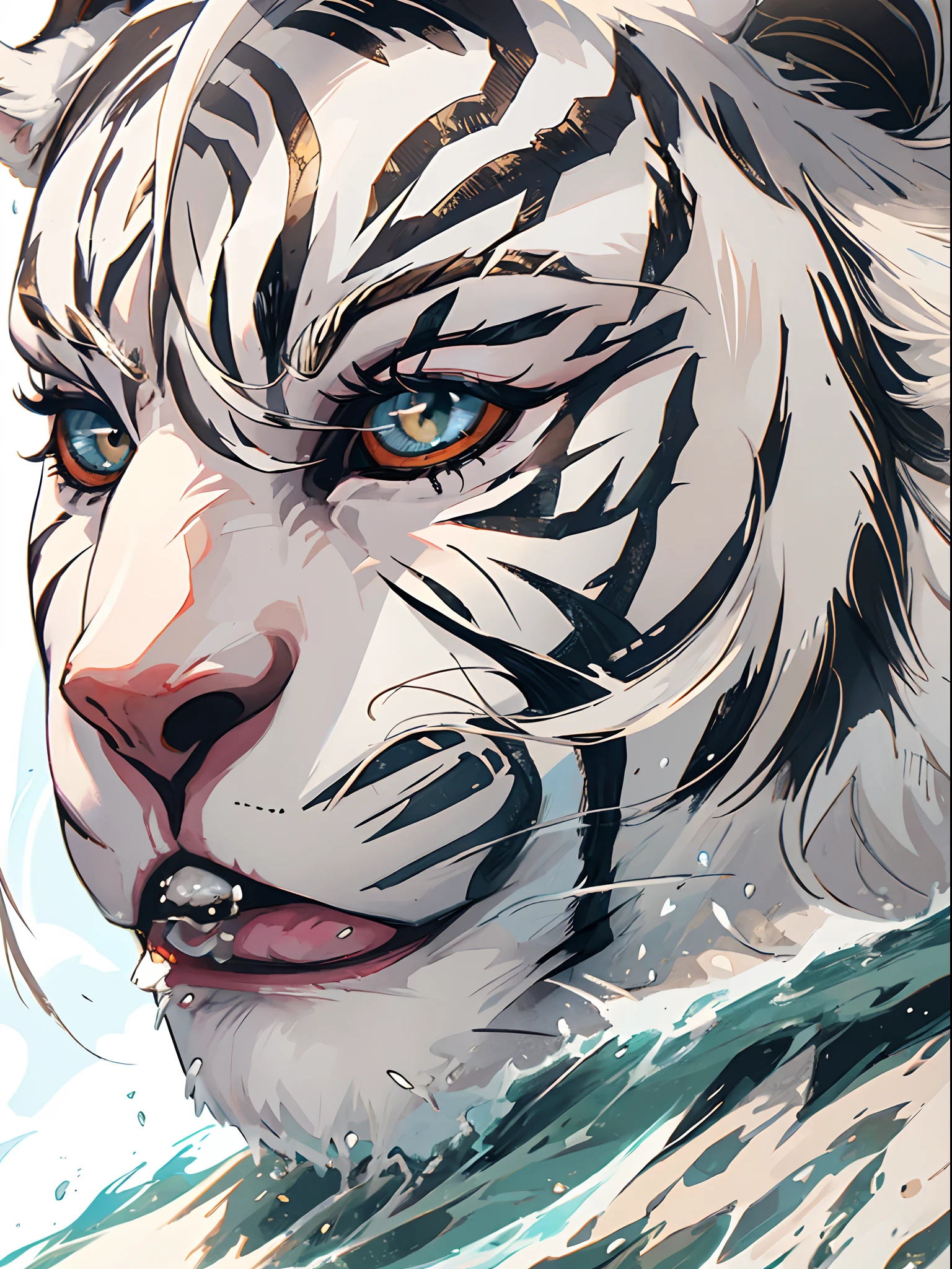 A majestic white tiger, Mountain and Sea Sutra, mythological beasts BREAK female beautiful beast tamer, (mature woman:1.4), (mature face:1.4), mature face, extremely detailed textures, beautiful shadow and lighting, masterpiece, absurdes