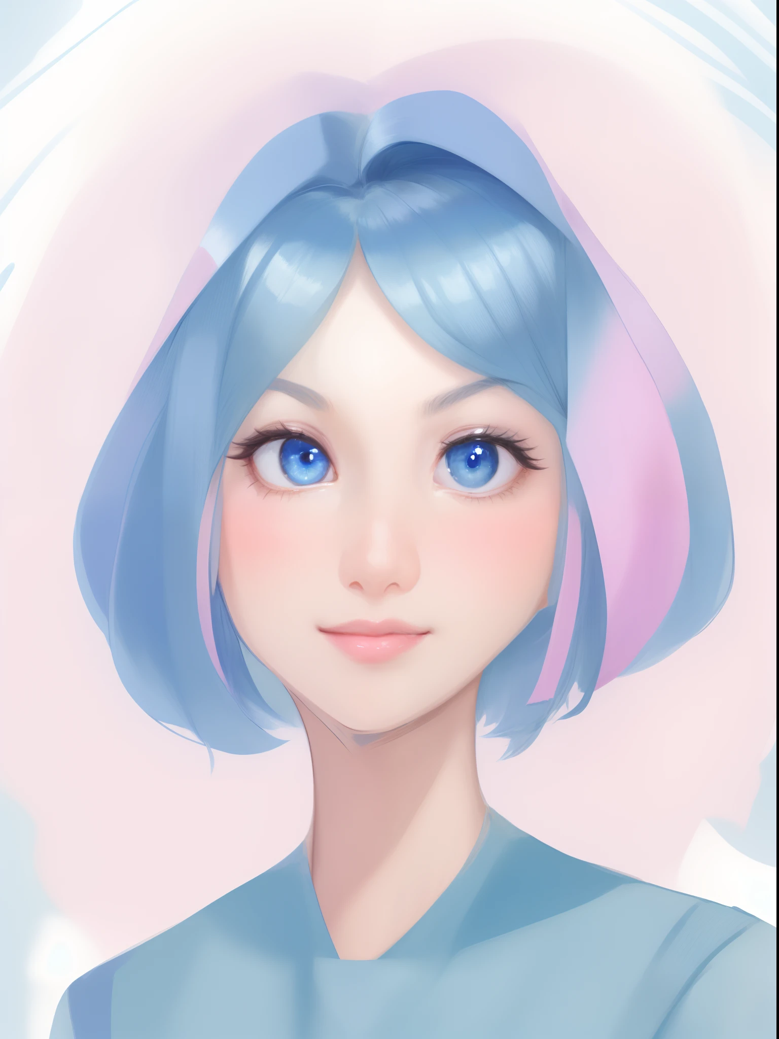 a drawing of the face of a woman with a short hair, short blue hair, blue eyes,looking at the viewer,cute smile, pink cheeks, anime face, character headshot portrait, character - portrait, face anime portrait, character design portrait, simple concept art portrait of anime girl