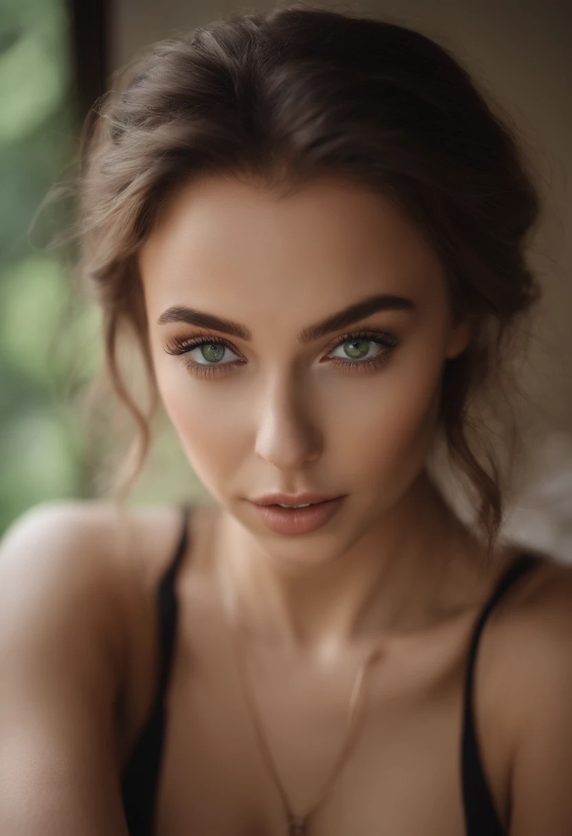 arafed woman with a white tank top and a necklace, sexy girl with green eyes, portrait sophie mudd, brown hair and large eyes, selfie of a young woman, bedroom eyes, violet myers, without makeup, natural makeup, looking directly at the camera, face with artgram, subtle makeup, stunning full body shot, piercing green eyes