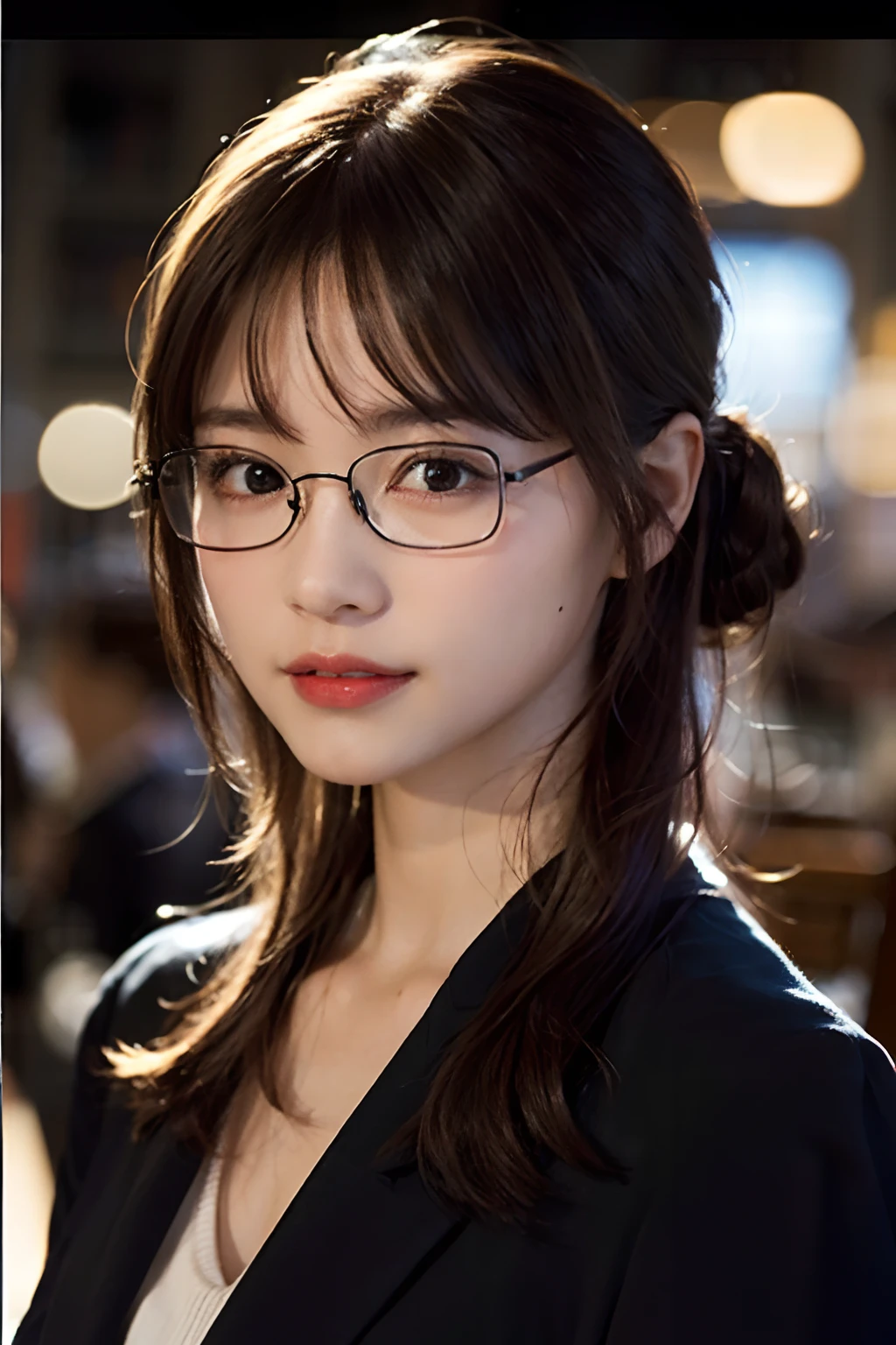(8K、Raw photography、top-quality、masterpiece:1.2)、(realisitic、Photorealsitic:1.37)、ultra-detailliert、超A high resolution、女の子 1 人、20yr old、see the beholder、beautifull detailed face、A smile with a little visible teeth、Constriction、(Slim waist) :1.3)、Blazer、Beautiful detailed skin、Skin Texture、Floating hair、Hair bunched into one、large breasts with good shape、Professional Lighting、Autumn twilight、book library、(((Black square glasses )))、Whole human body、Black hair、((Shameful appearance))、Accept books、