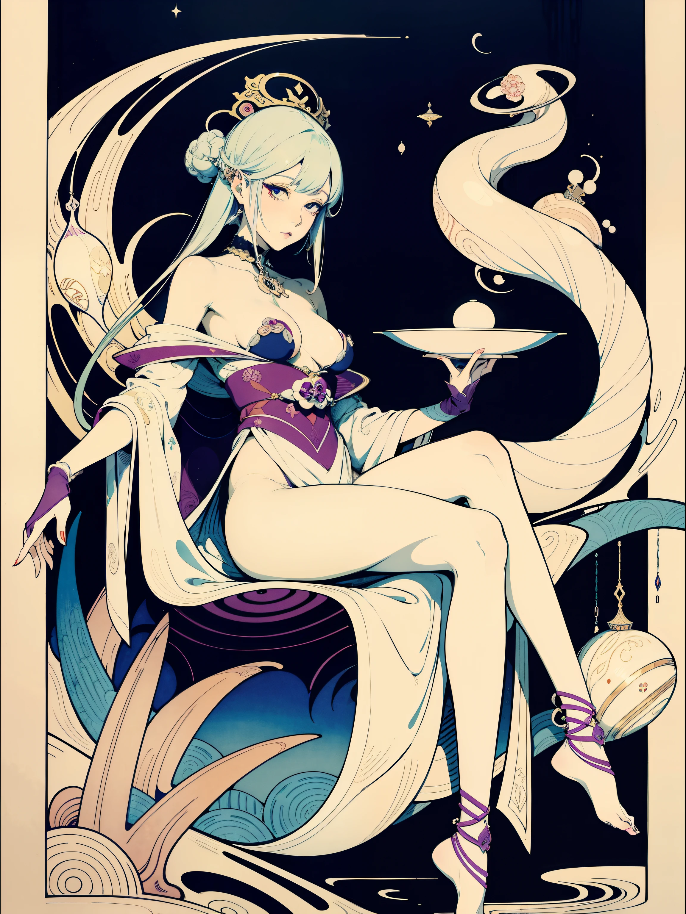 Ukiyo-e style Charles Robinson, Frank Pape, Kay Nielsen, surreal wondrous strange Whimsical absurderes fanciful Sci-Fi Fantasy Sphere mythology. Portrait of goddess sitting on a throne. Melting makeup. Snake around neck. Chains