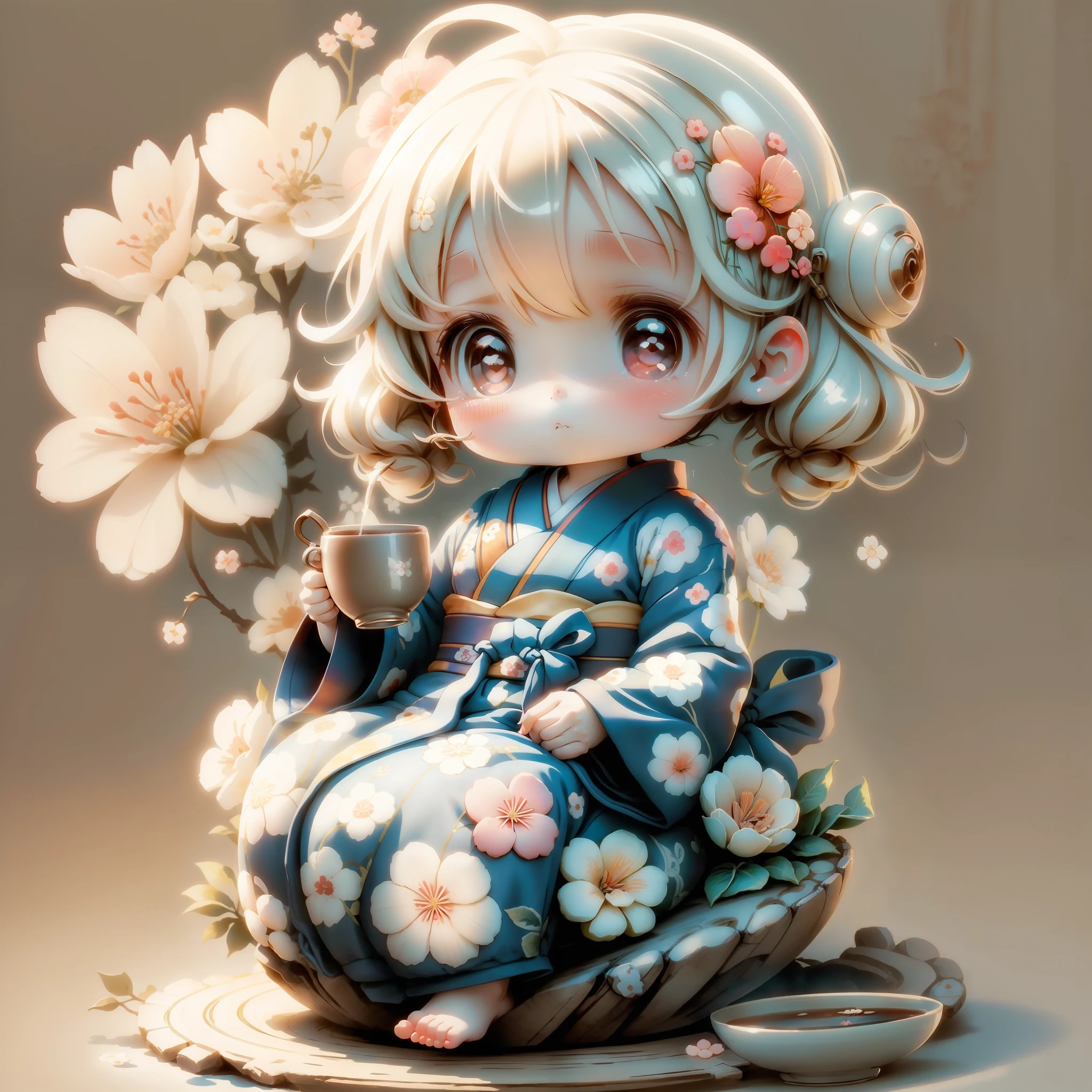 Sitting Cute Chibi Baby Anime、Wear a kimono with a floral pattern、drinking a cup of tea