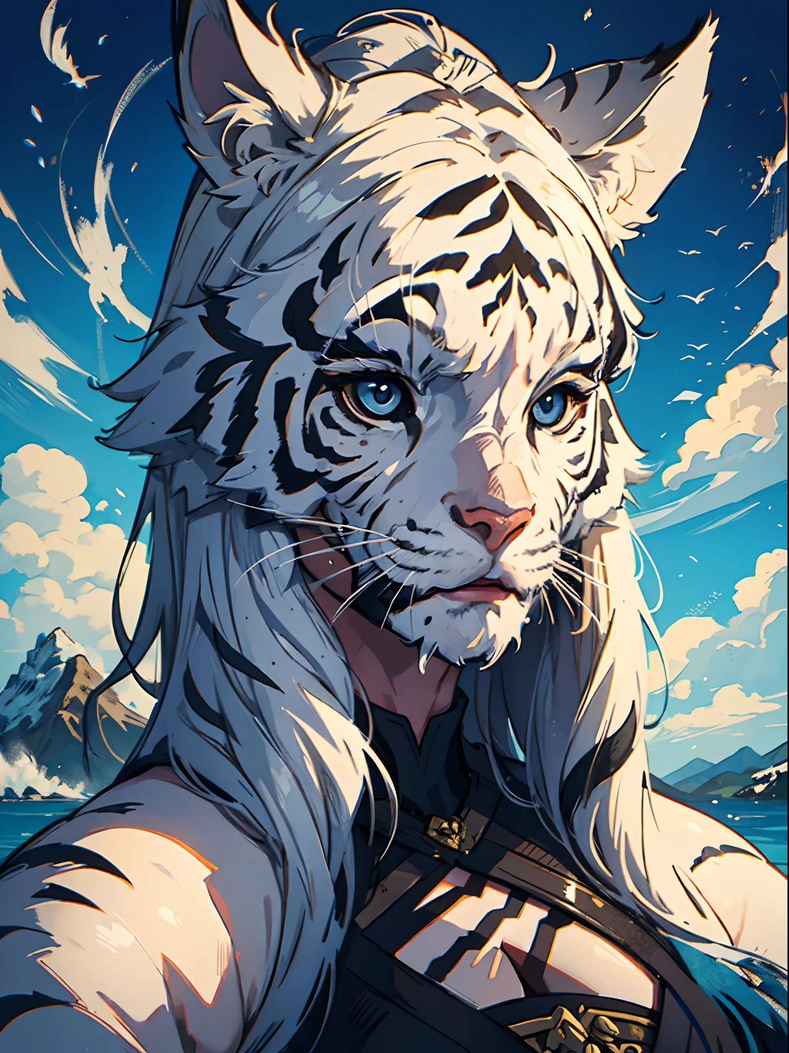 A majestic white tiger, Mountain and Sea Sutra, mythological beasts AND female beautiful beast tamer, (mature woman:1.4), (mature face:1.4), mature face, extremely detailed textures, beautiful shadow and lighting, masterpiece, absurdes