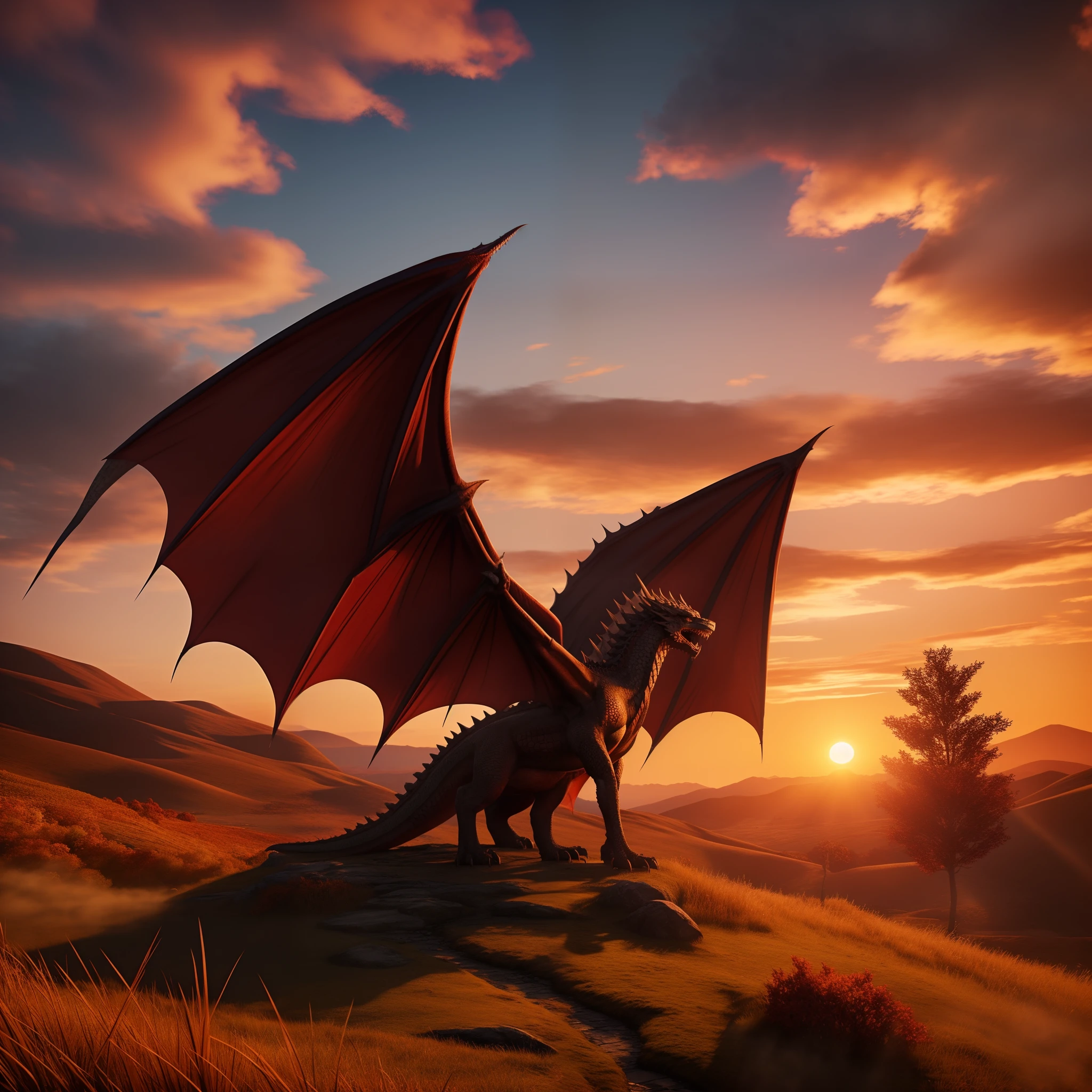 A game of thrones dragon on hill, sunset, clouds, autumn, very sharp beautiful, ultra Realistic, unreal engine.