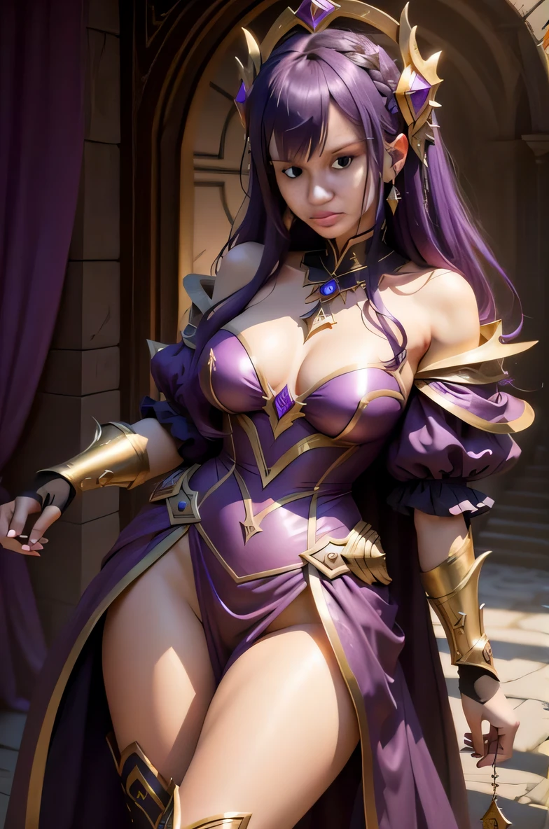 uma mulher em um vestido roxo e armadura dourada posando para uma foto, Samira de League of Legends, Zhongli, Genshin Impact, Irelia de League of Legends, Maya Fey, da Ace Attorney, vestindo armadura roxa escura, armadura roxa, cosplay ornamentado, Artgerm extremamente detalhado, Caitlyn de League of Legends, shalltear from overlord