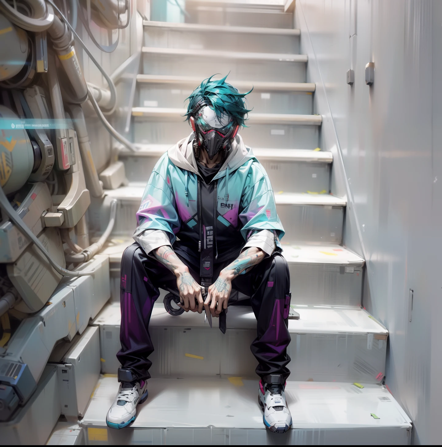 There was a boy wearing a mask and a black hoodie,With a knife in his hand, Hyper-realistic cyberpunk style,Digital cyberpunk anime style,cyan colors