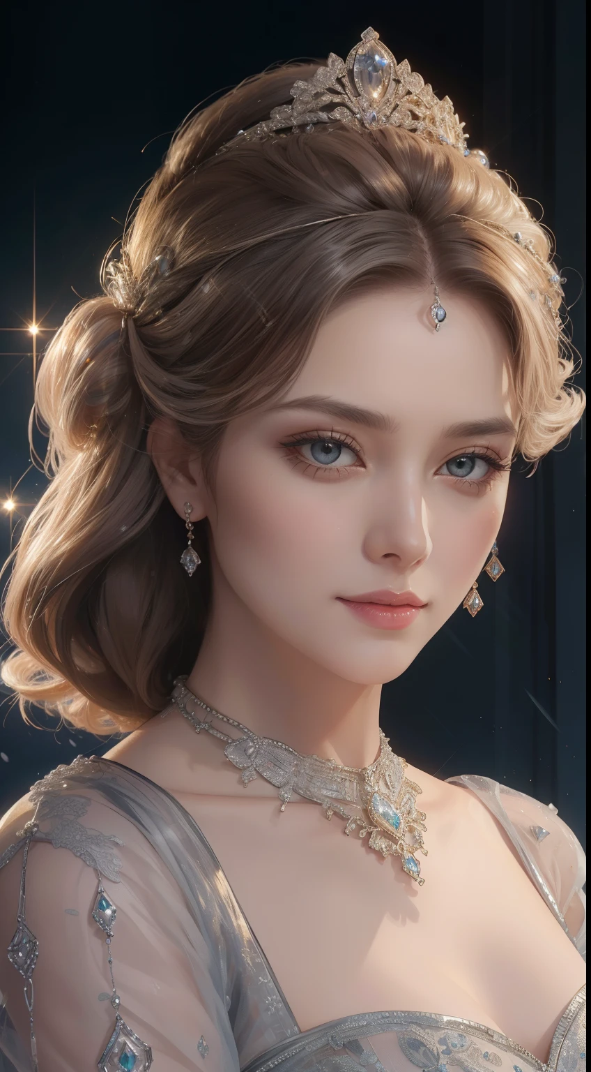 tmasterpiece,Highest image quality,Beautiful bust of a royal lady,Delicate silver hairstyle,The golden eyes are clear,Embellished with a dazzling array of intricate jewelry,super detailing,upscaled。
