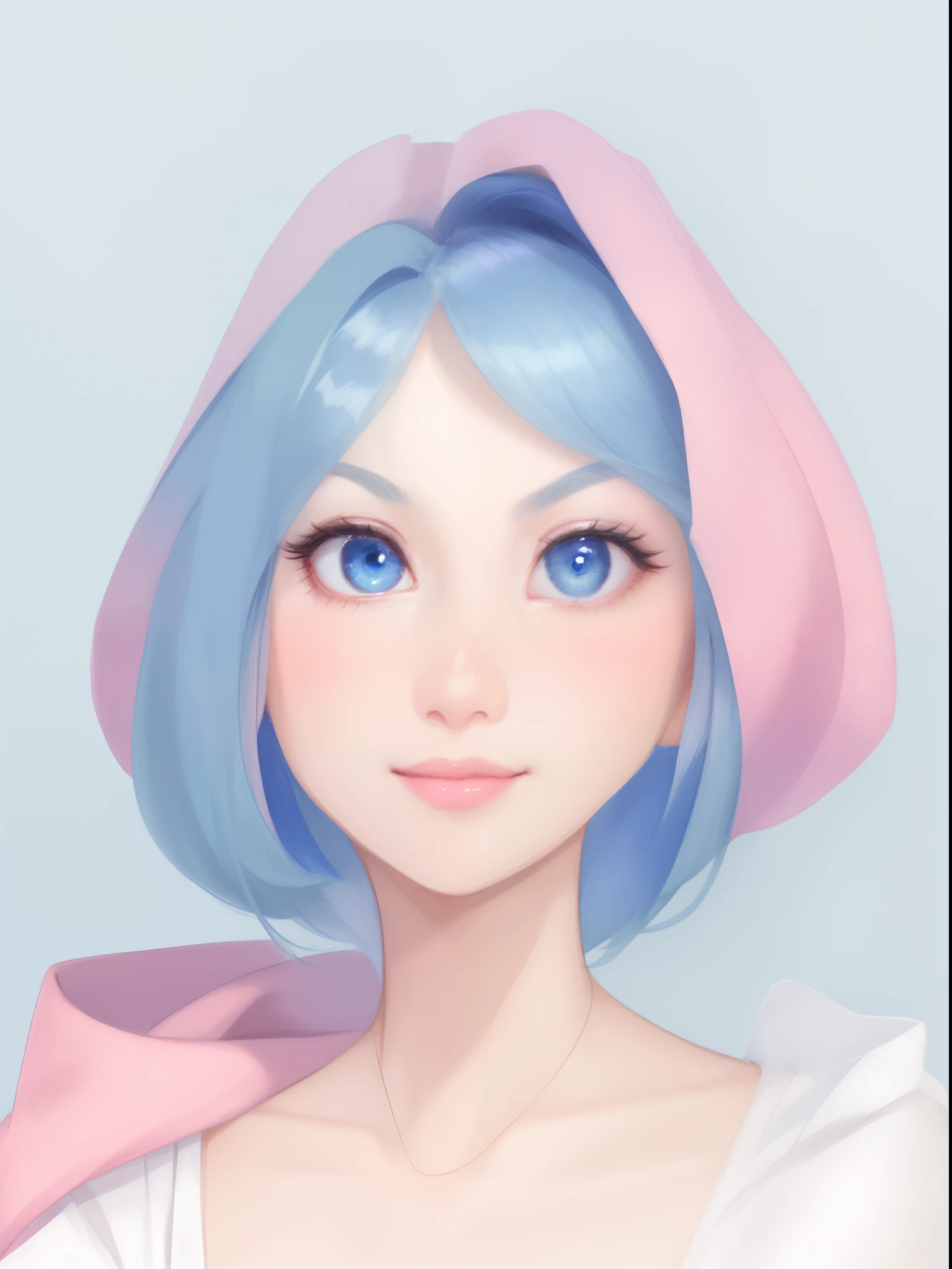 a drawing of the face of a woman with a short hair, short blue hair, blue eyes,looking at the viewer,cute smile, pink cheeks, anime face, character headshot portrait, character - portrait, face anime portrait, character design portrait, simple concept art portrait of anime girl
