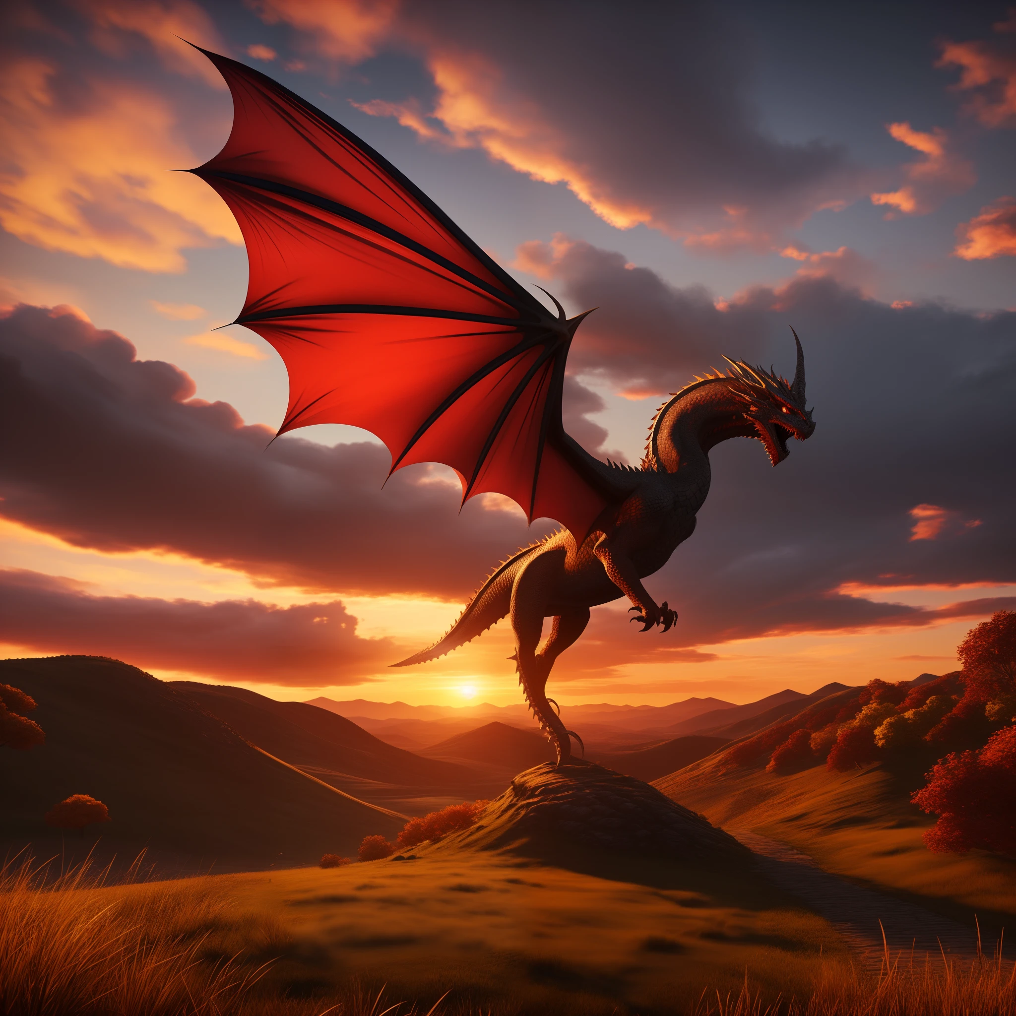 A game of thrones dragon on hill, sunset, clouds, autumn, very sharp beautiful, ultra Realistic, unreal engine.