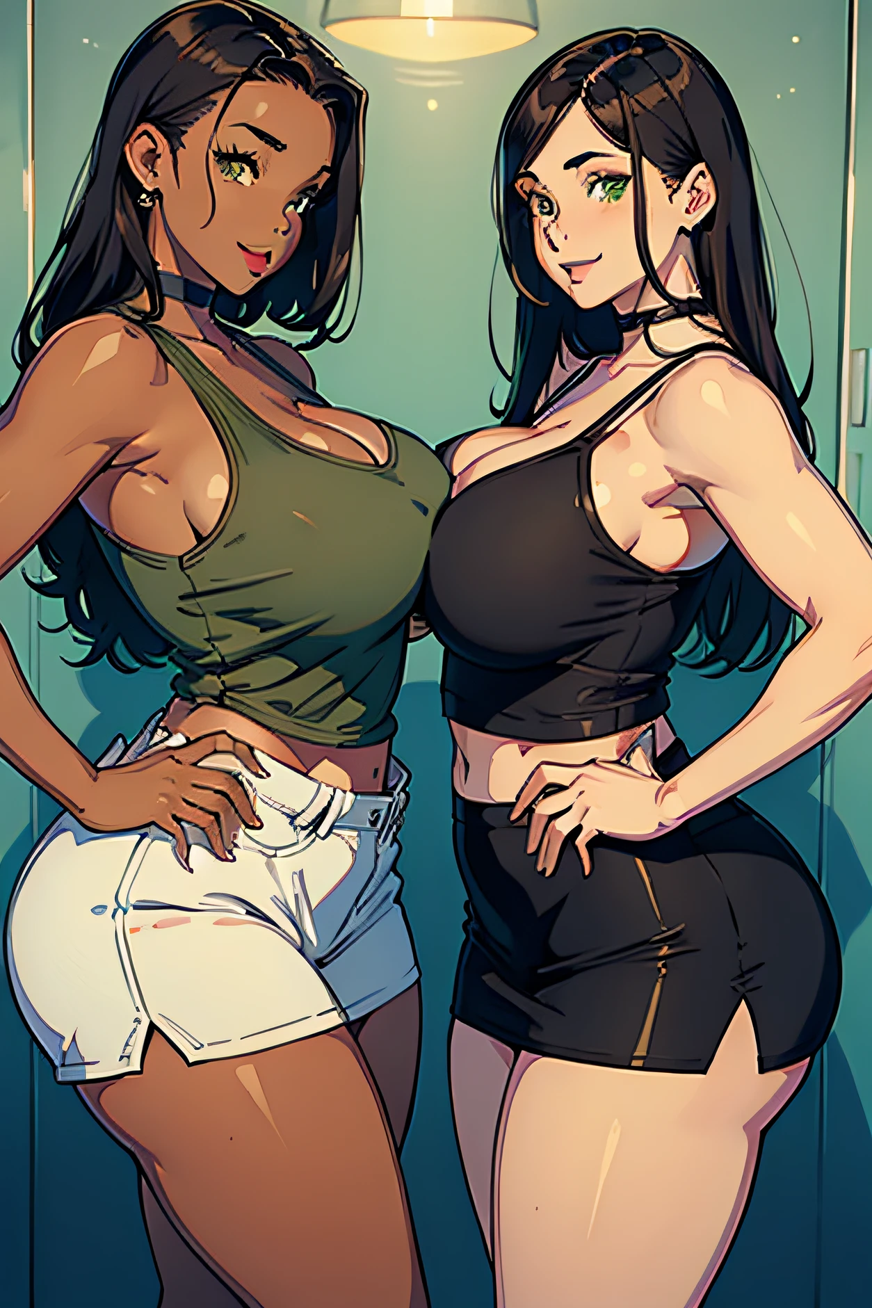 2women, very curvy, massive breasts, mature, plump ass, smiling, one with middle parted long black hair, green eyes, other short brown hair middle parted, brown eyes, white v neck and pencil skirt, tanktop and short shorts, both brown skin, sisters, pretty face,