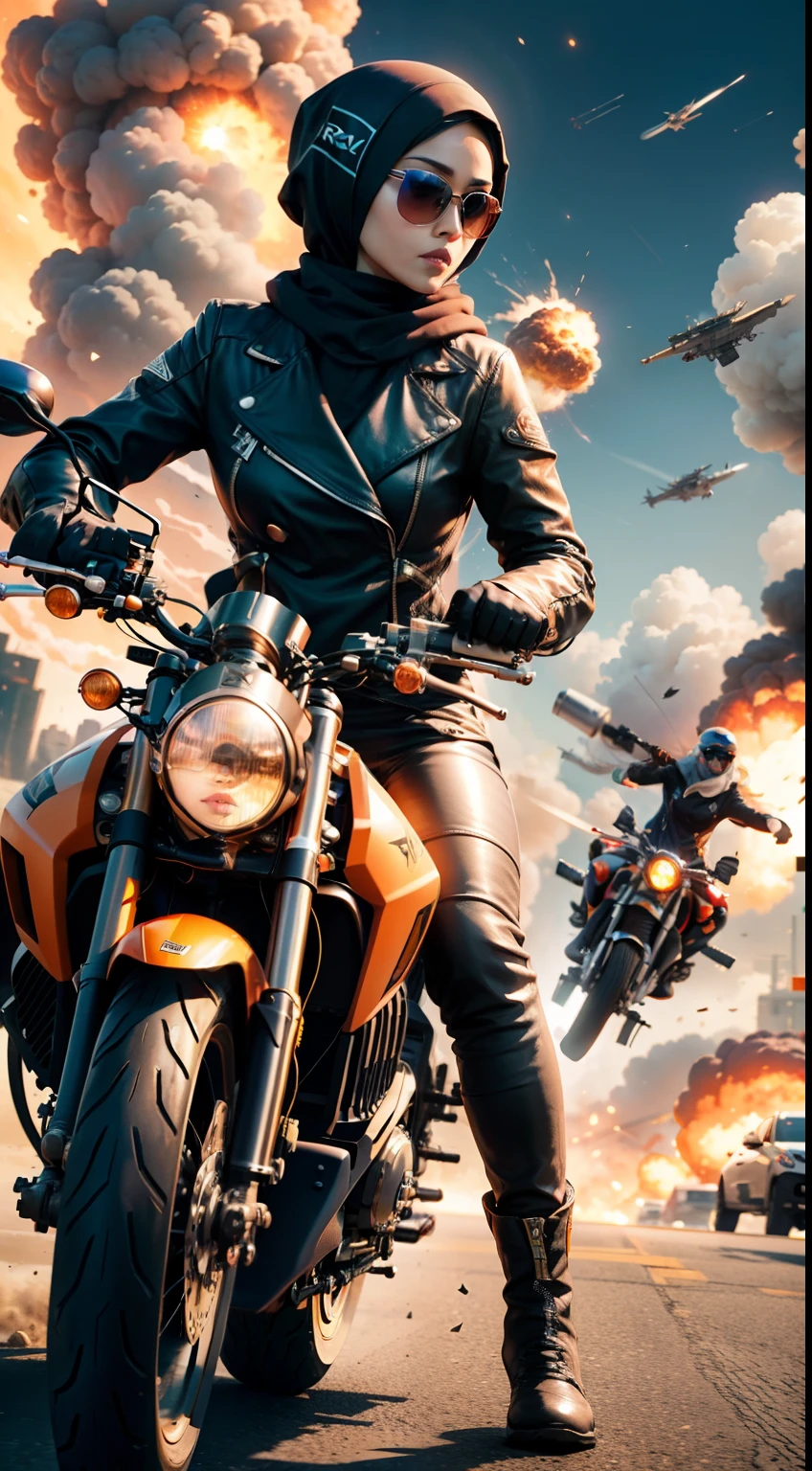 Medium breasted malay woman in hijab, sunglasses, sci-fi, with gun, explosions behind, rxz motorcycle flying behind her, movie poster, perfect proportion, full leather outfit,