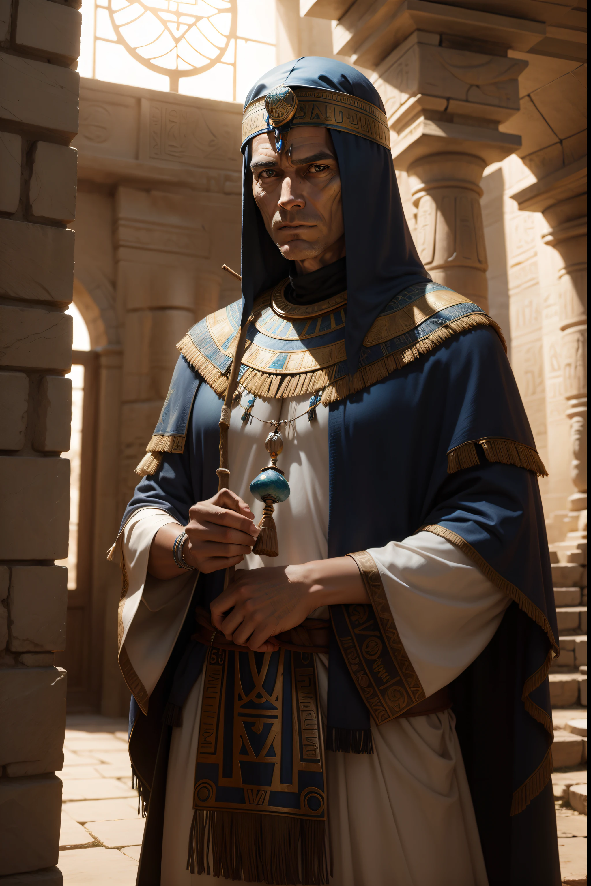 Realistic photo shaman with cape on ancient avatar of Egypt with stick