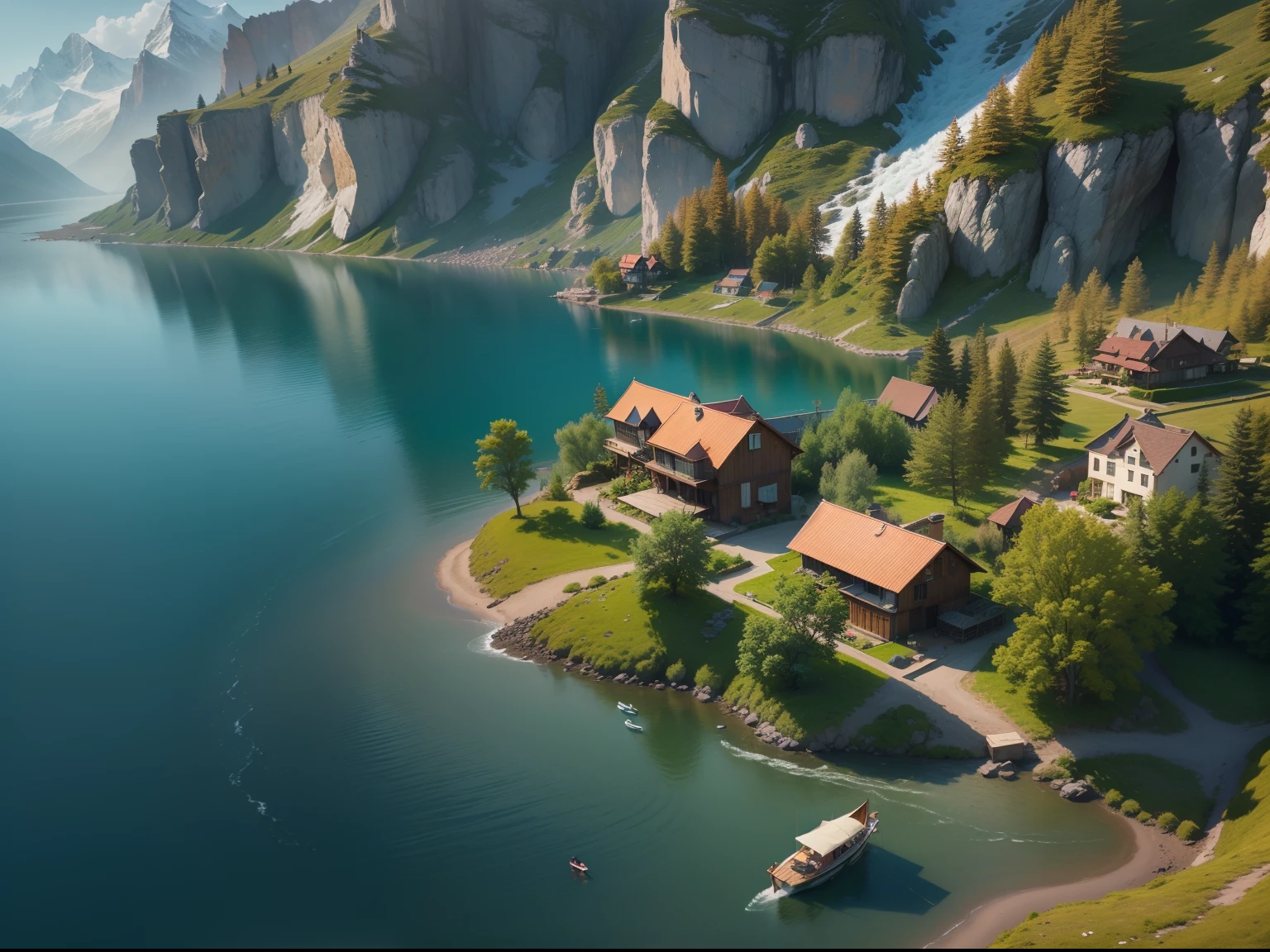 There are villas on the island in the lake, There are boats by the lake, spray, snow mountains, wildflowers. and the sun was shining brightly, the detail, 4K, k hd, high high quality.