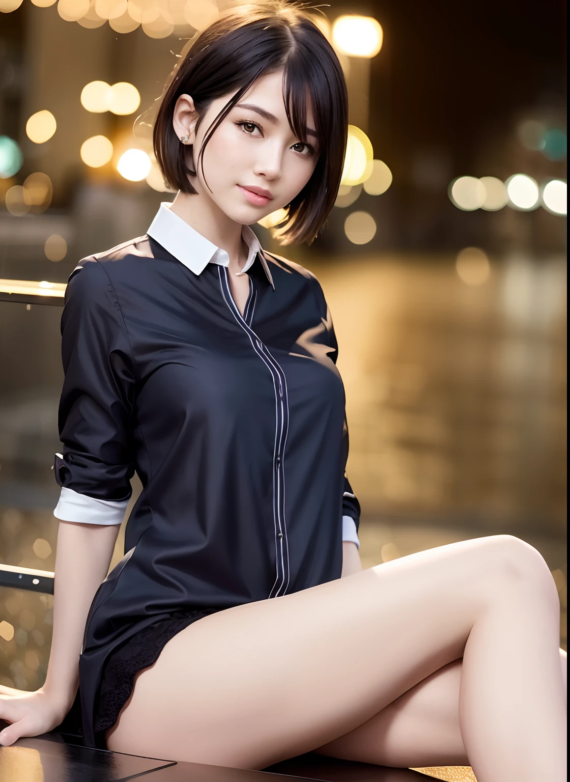 (8k, Best Quality, Masterpiece: 1.2), (Realistic, Photorealistic: 1.37), Super Detailed, 1 Girl, Cute, Alone, Beautiful Detailed Sky, Detailed Cafe, Night, Sitting, Date, ( Nose blush), (smile: 1.15), (close mouth) small breasts, beautiful details, (collared shirt: 1.1), night, wet, business wear, rain, white lace, (short hair: 1.2), floating Hair NovaFrogStyle,