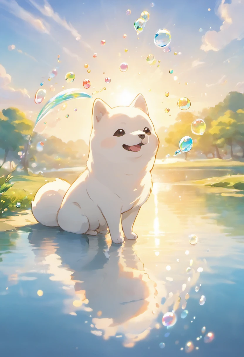 A touching scene in ultra-high definition 3D showcasing White White Shiba Inu making a wish beside a tranquil lake. White White Shiba Inu, beautifully rendered in detail, is seen gently blowing bubbles into the air, each one carrying a hopeful wish. The bubbles catch the reflection of the setting sun, creating a dreamy, magical effect. The overall atmosphere is tender, filled with hope and serenity