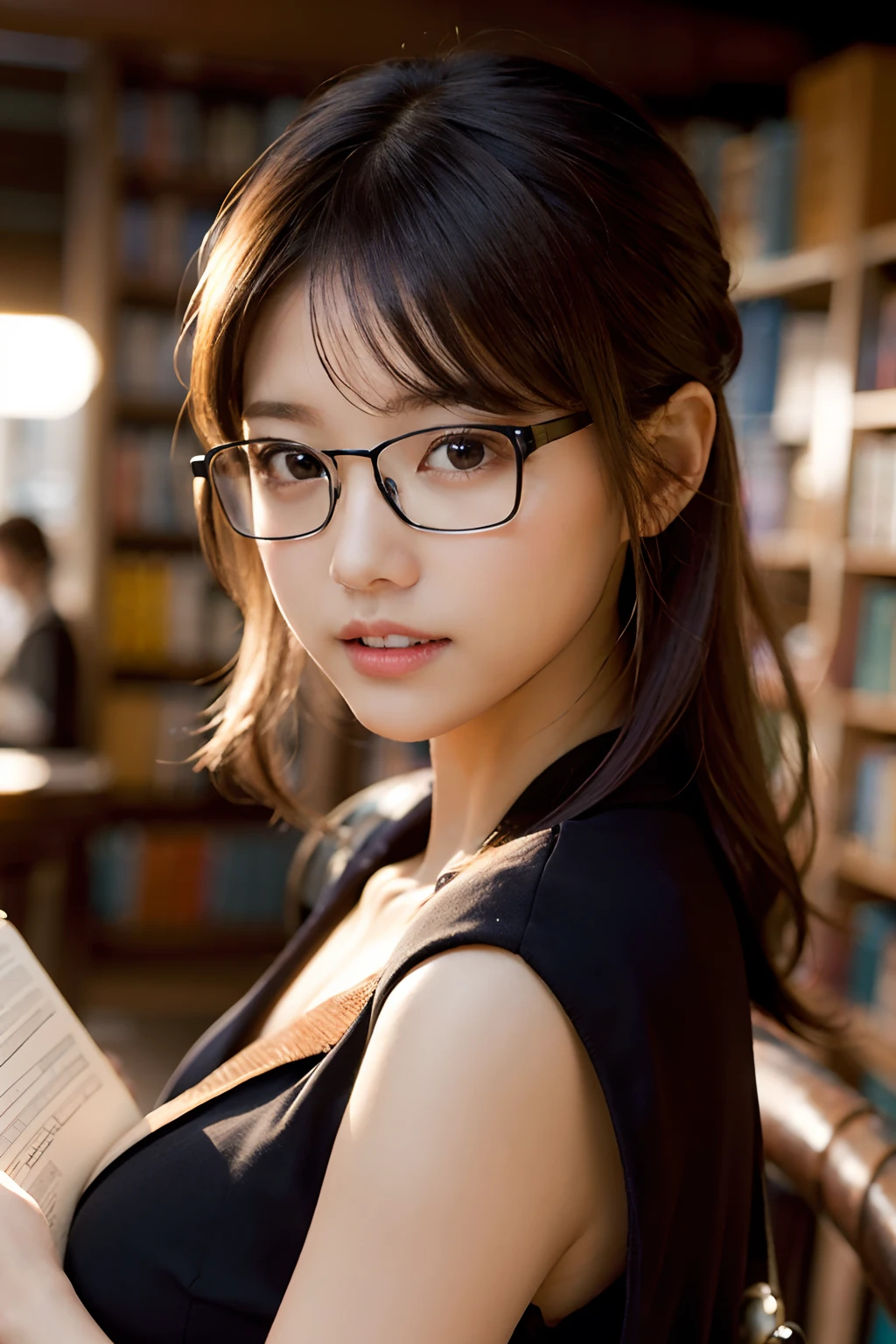 (8K、Raw photography、top-quality、masterpiece:1.2)、(realisitic、Photorealsitic:1.37)、ultra-detailliert、超A high resolution、女の子 1 人、13years、see the beholder、beautifull detailed face、A smile with a little visible teeth、Constriction、(Slim waist) :1.3)、Blazer、Beautiful detailed skin、Skin Texture、Floating hair、Hair bunched into one、large breasts with good shape、Professional Lighting、Autumn twilight、book library、(((Black square glasses )))、Whole human body、Black hair、((Shameful appearance))、Accept the book、