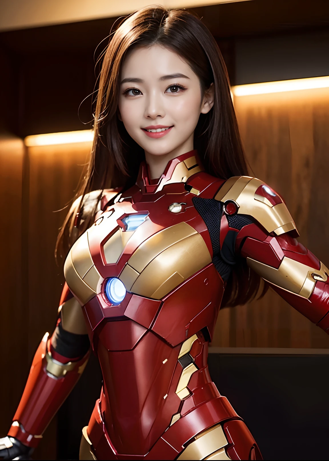 She wears an Iron Man mech。red and gold a smile Constriction Gorgeous body Aggressive poses Nice chest