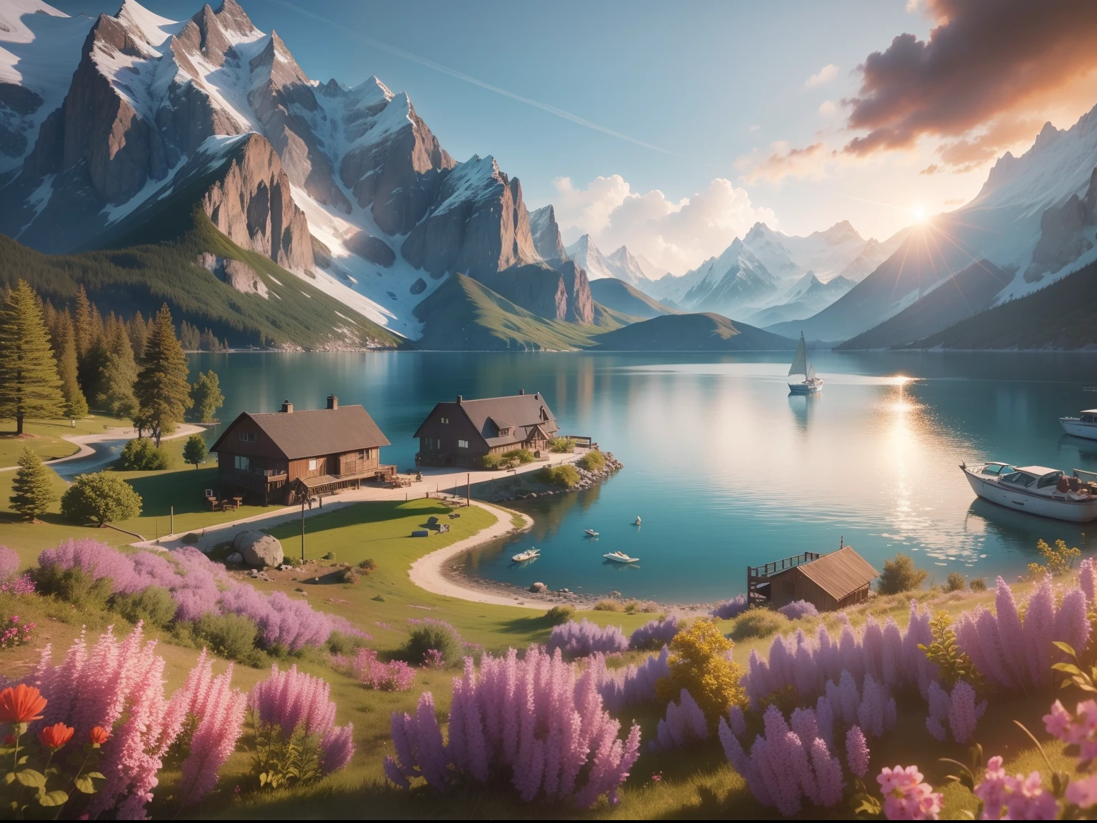 There are villas on the island in the lake, There are boats by the lake, spray, snow mountains, wildflowers. and the sun was shining brightly, the detail, 4K, k hd, high high quality.