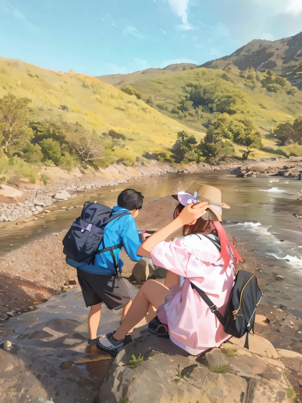 there are two people sitting on a rock by the water, 33mm photo, 💕 🎀, trecking, during sunrise, sitting near a river, beside a river, perspective shot, 3 5 mm photo, 35mm photo, 35 mm photo, beside the river, 📷 mungojerrie and rumpleteazer, near a river