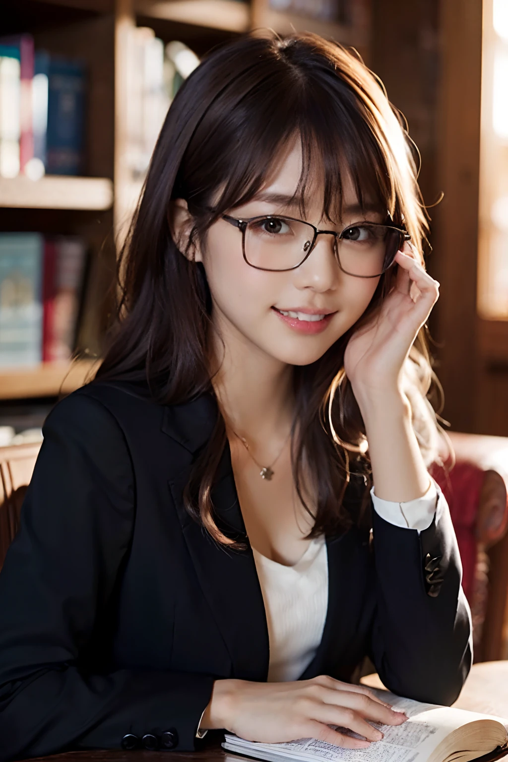 (8K、Raw photography、top-quality、​masterpiece:1.2)、(realisitic、Photorealsitic:1.37)、ultra-detailliert、超A high resolution、女の子 1 人、13years、see the beholder、beautifull detailed face、A smile with a little visible teeth、Constriction、(Slim waist) :1.3)、Blazer、Beautiful detailed skin、Skin Texture、Floating hair、Hair bunched into one、large breasts with good shape、Professional Lighting、Autumn twilight、book library、(((Black square glasses )))、Whole human body、Black hair、((Shameful appearance))、Accept the book、