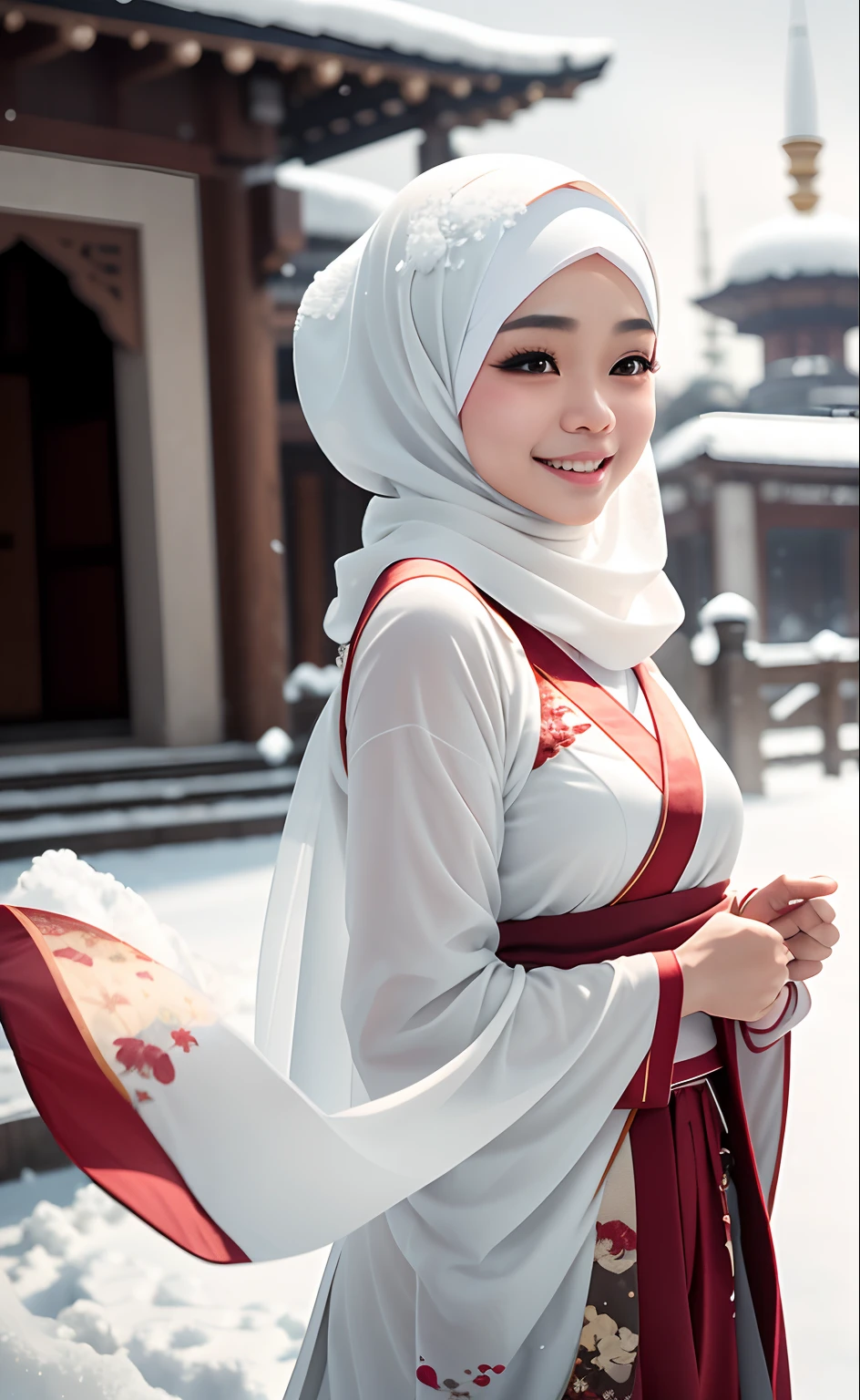 Best quality, 4K picture quality, 1 malay girl in hijab, white Hanfu, snow, long hijab fluttering in the wind, healing smile, large aperture, blurred background, mosque in background,