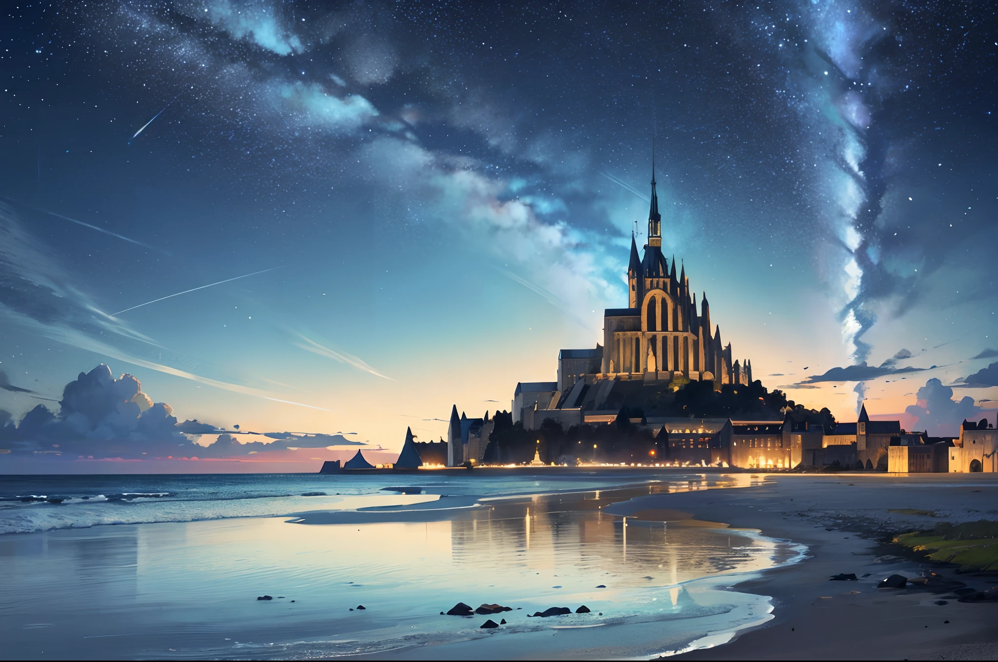 Bright soft panorama on night starry sky background、Mont Saint-Michel、An old castle floating in the vast sea、Ruins、no human figures、ancient ruin、Sea whole、Not a single one
