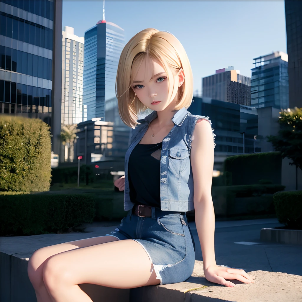Martial Arts Champion、23age、1womanl、Android 18、独奏、blonde hair、((Blue eyes))、short-hair、耳Nipple Ring、jewely、Denim Vest、open vest、White shirt、Blue jeans、long trousers、Open Best、Black vest、(Ruins:1.3)、Sitting、deadpan、Hu Sitting、Cowboy Shots, Street,((Futuristic city background street))、8K、Ulutra HD、Sharp lines、top-quality、hight resolution、