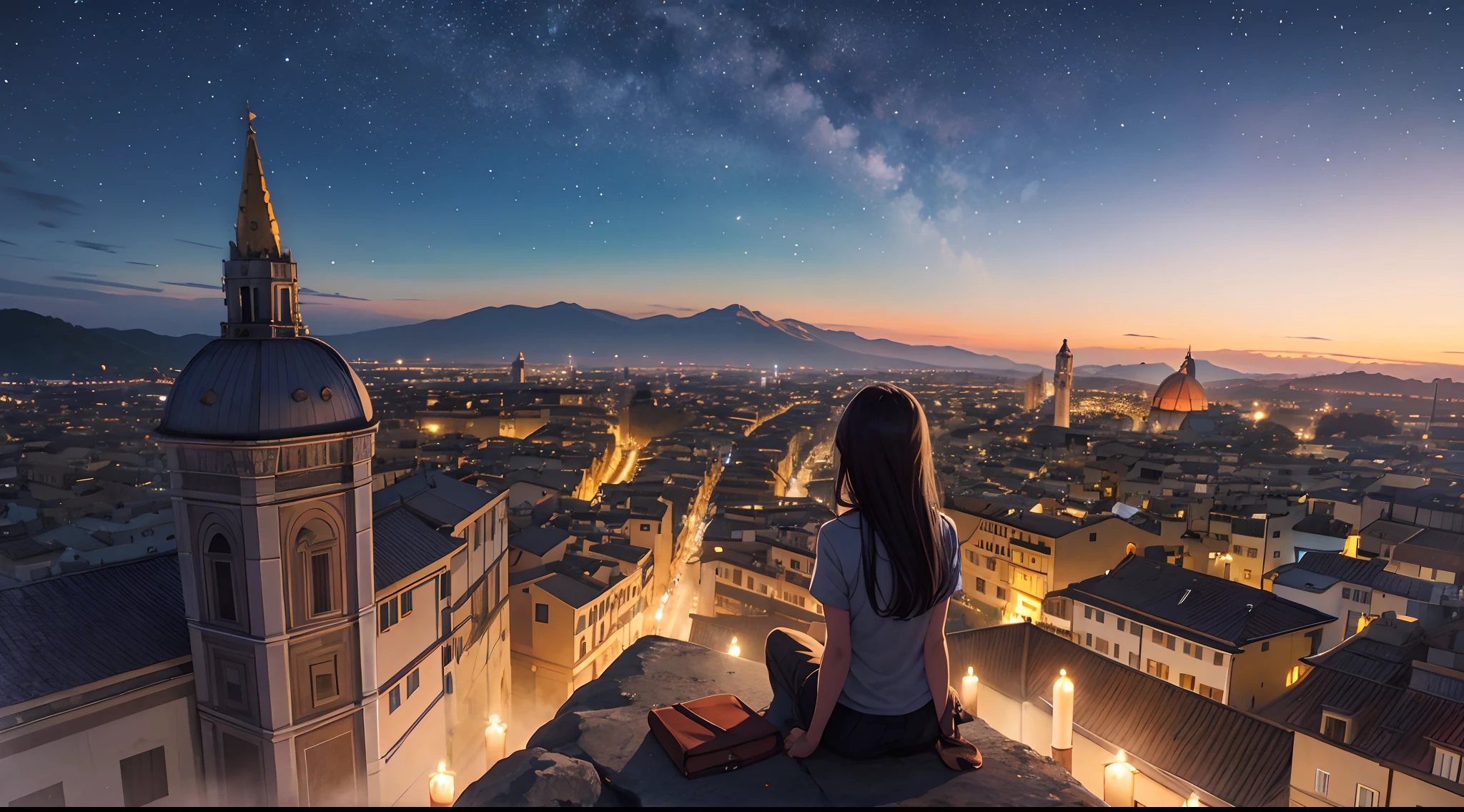 octans, Skysky, stele(Skysky), landscapes, starrysky, natta, 1 Girl's back view, nigh sky, 独奏, plein air, built, clouds, sitting on, The tree, length hair, Cities in Italy, Florence、Silhouette from behind, Cityscape