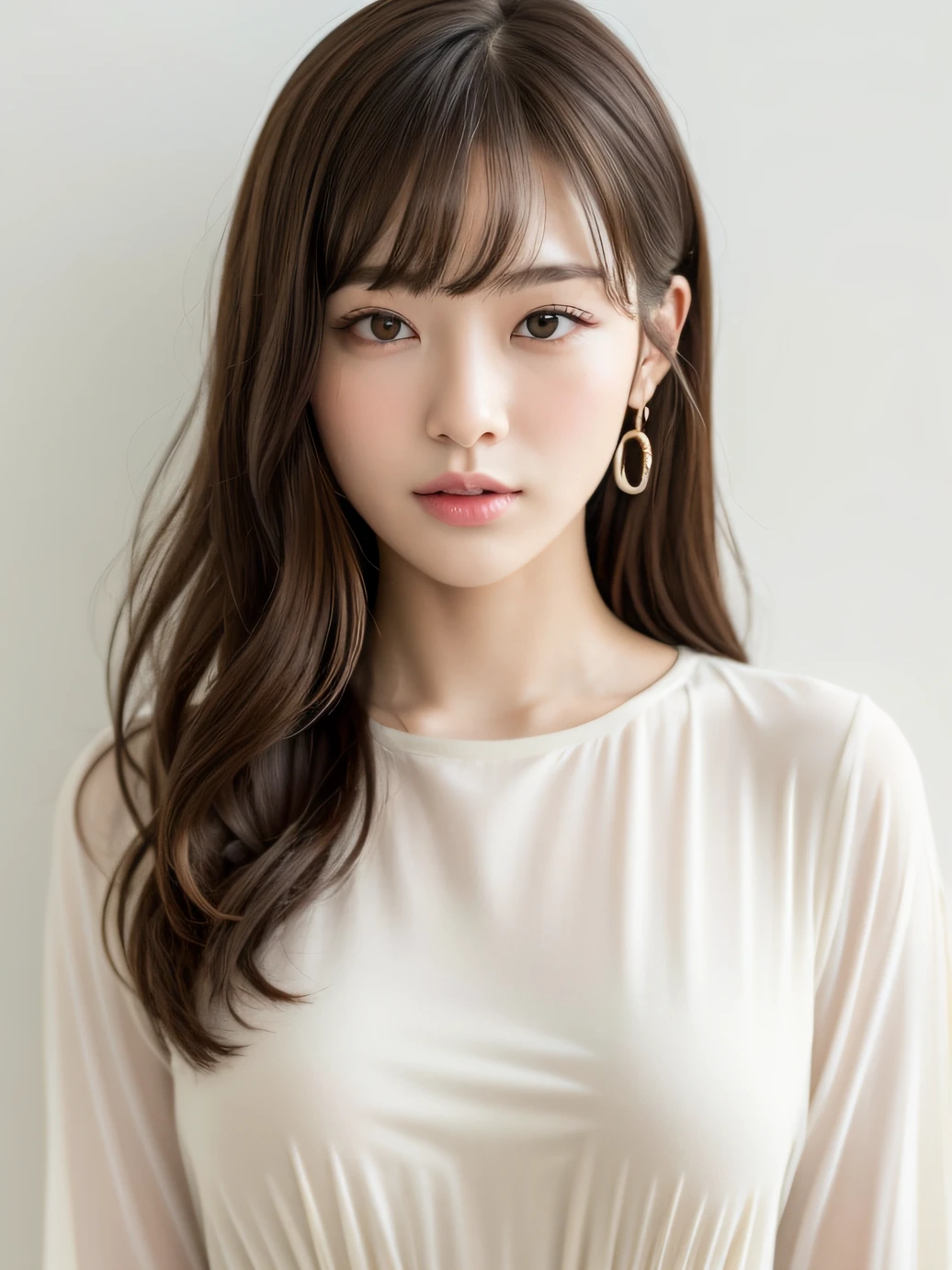top-quality、masterpiece、hight resolution、1girl in、独奏、Raw photo、Real person、Detailed skin、japanes、Beige hair、thin bunches of bangs、Long、fully body photo、White shirt、accessorized、White Room、white walls、simple room、medium lenght hair、Perm hair