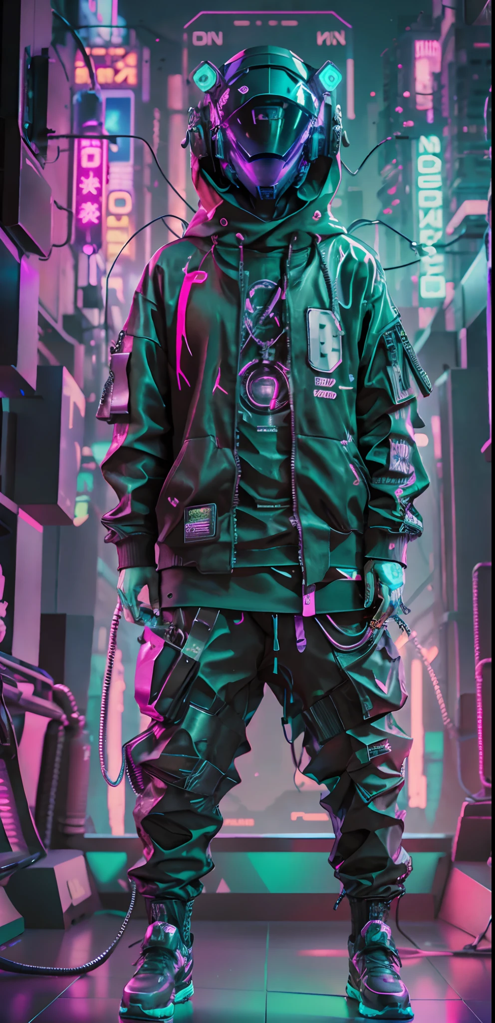 （（best qualtiy））， （（tmasterpiece））， （The is very detailed：1.3），（tmasterpiece，full body shot of，Detailed background，intricate raw photography） 。3D，NeonNoir，Cold cyberpunk hacker，（Wear a thick and high-tech head-mounted display：1.2），hacking a computer terminal，Purple neon on the monitor，Green neon sign on the wall，Cyberpunk citizen，comfortable oversize black hoodie，Black cargo pants，Neon details on dark clothes，Wearing a black astronaut style helmet，neon light detail，复杂，A futuristic，Sharpness，Random friendly location，cyber punk city，Internet café neon，the night，Insta photo，photo of the year，rendering by octane，substance，mayan 。.3D，cinema4d，trends in art station，Devian Art Trend