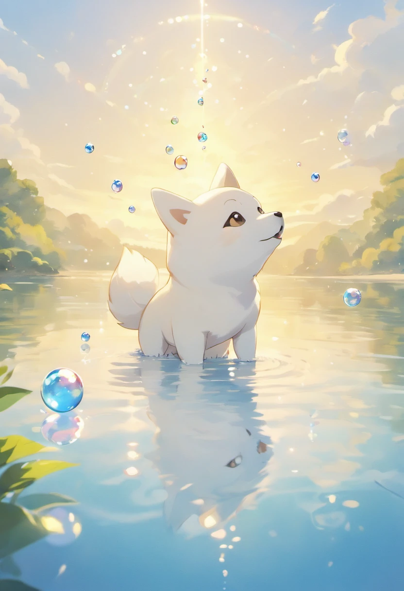 A touching scene in ultra-high definition 3D showcasing White White Shiba Inu making a wish beside a tranquil lake. White White Shiba Inu, beautifully rendered in detail, is seen gently blowing bubbles into the air, each one carrying a hopeful wish. The bubbles catch the reflection of the setting sun, creating a dreamy, magical effect. The overall atmosphere is tender, filled with hope and serenity, sowsow art, highly detailed,