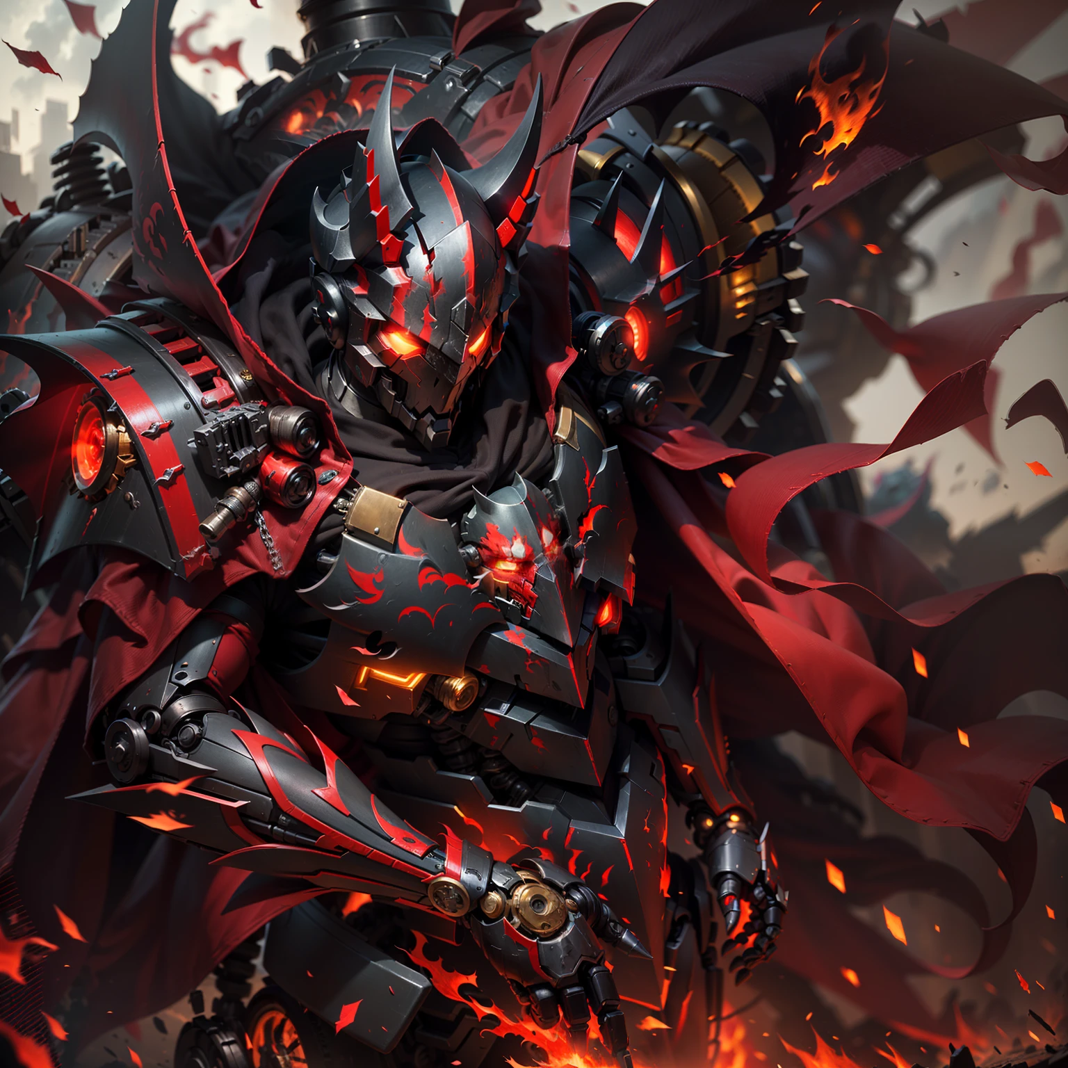 (Best quality, Masterpiece:1.2), The devil incarnate，（Dark martial arts master）， (Semi-mechanized masked knight, Glowing red eyes), Wears red and gold mechanized armor, (Mechanical details:1.4), (Mechanical details:1.4), violence,  Bloodstained cloak, The body is engulfed in hellfire, (Best composition), (Best quality), (Masterpiece),
