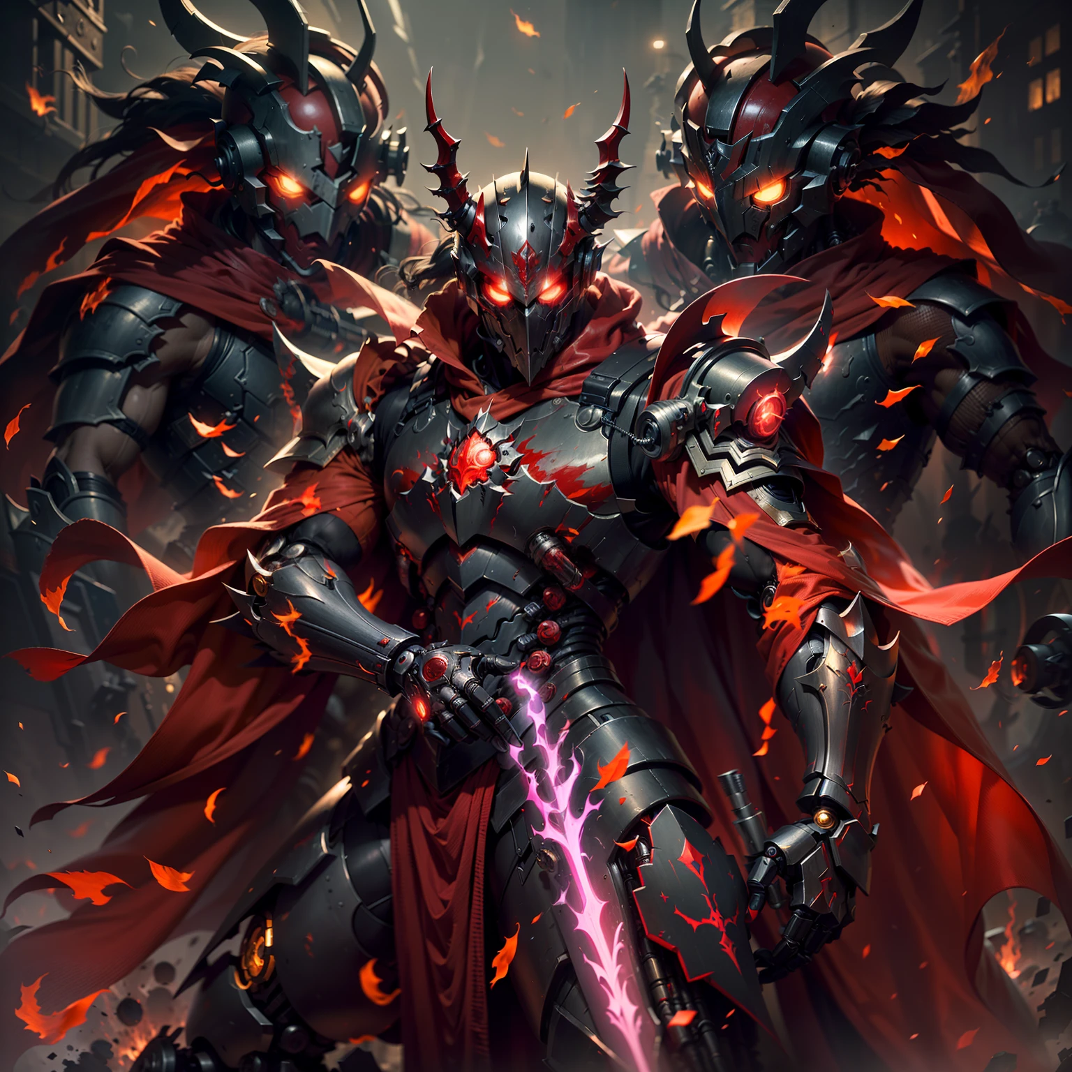 (Best quality, Masterpiece:1.2), The devil incarnate，（Dark martial arts master）， (Semi-mechanized masked knight, Glowing red eyes), Wears red and gold mechanized armor, (Mechanical details:1.4), (Mechanical details:1.4), violence,  Bloodstained cloak, The body is engulfed in hellfire, (Best composition), (Best quality), (Masterpiece),