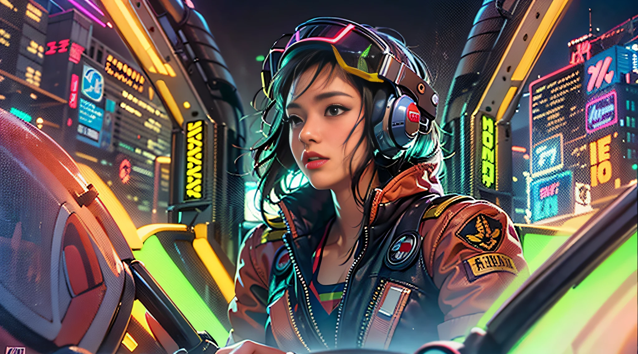Create a compelling image of a confident female pilot in the cockpit of the future., Skillfully steer a giant robot through a neon-lit metropolis, A scene full of adventure and charm, Mixing traditional and digital painting techniques to capture the mood,