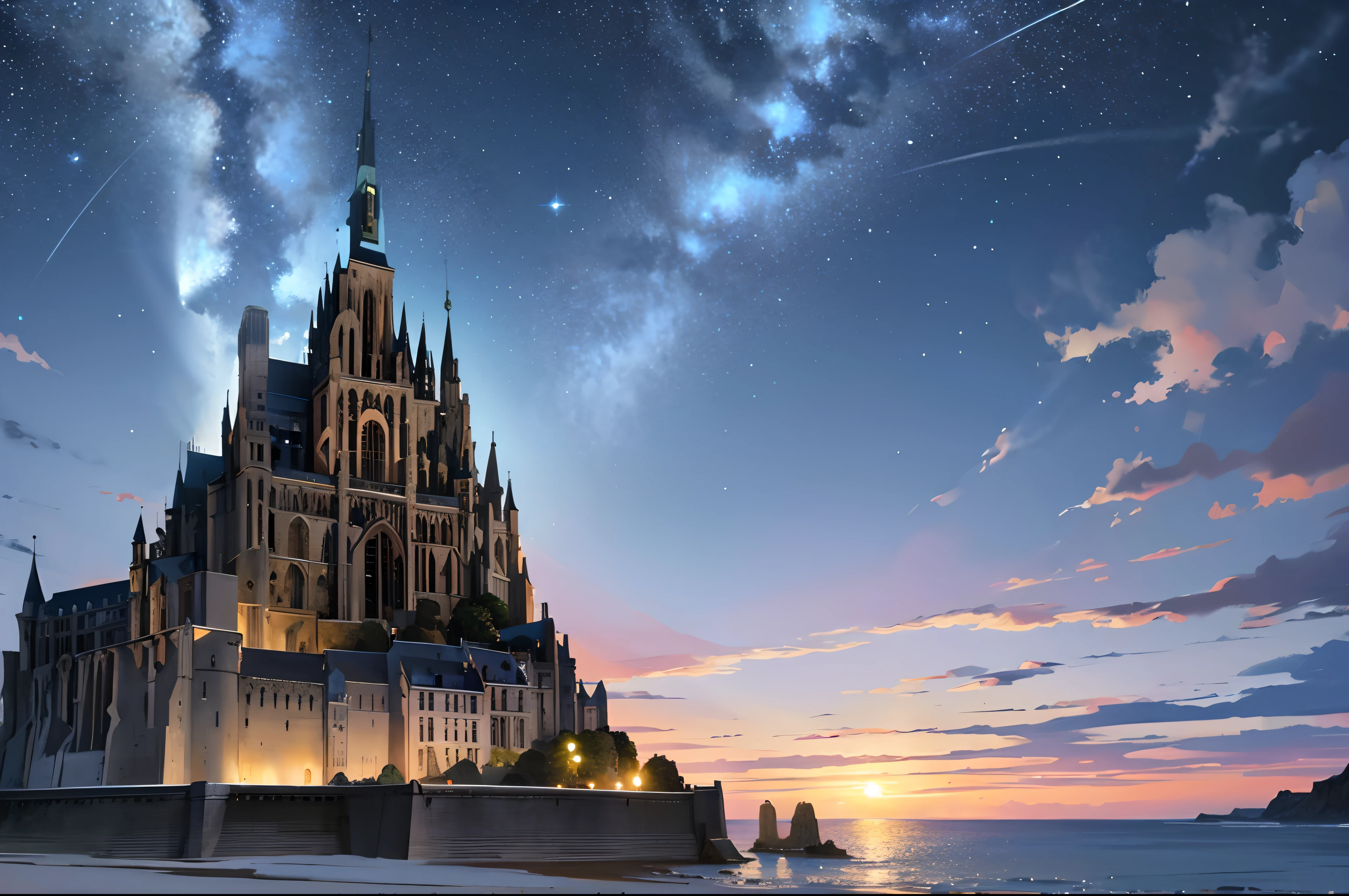 Bright soft panorama on night starry sky background、Mont Saint-Michel、An old castle floating in the vast sea、Ruins、no human figures、ancient ruin、Sea whole