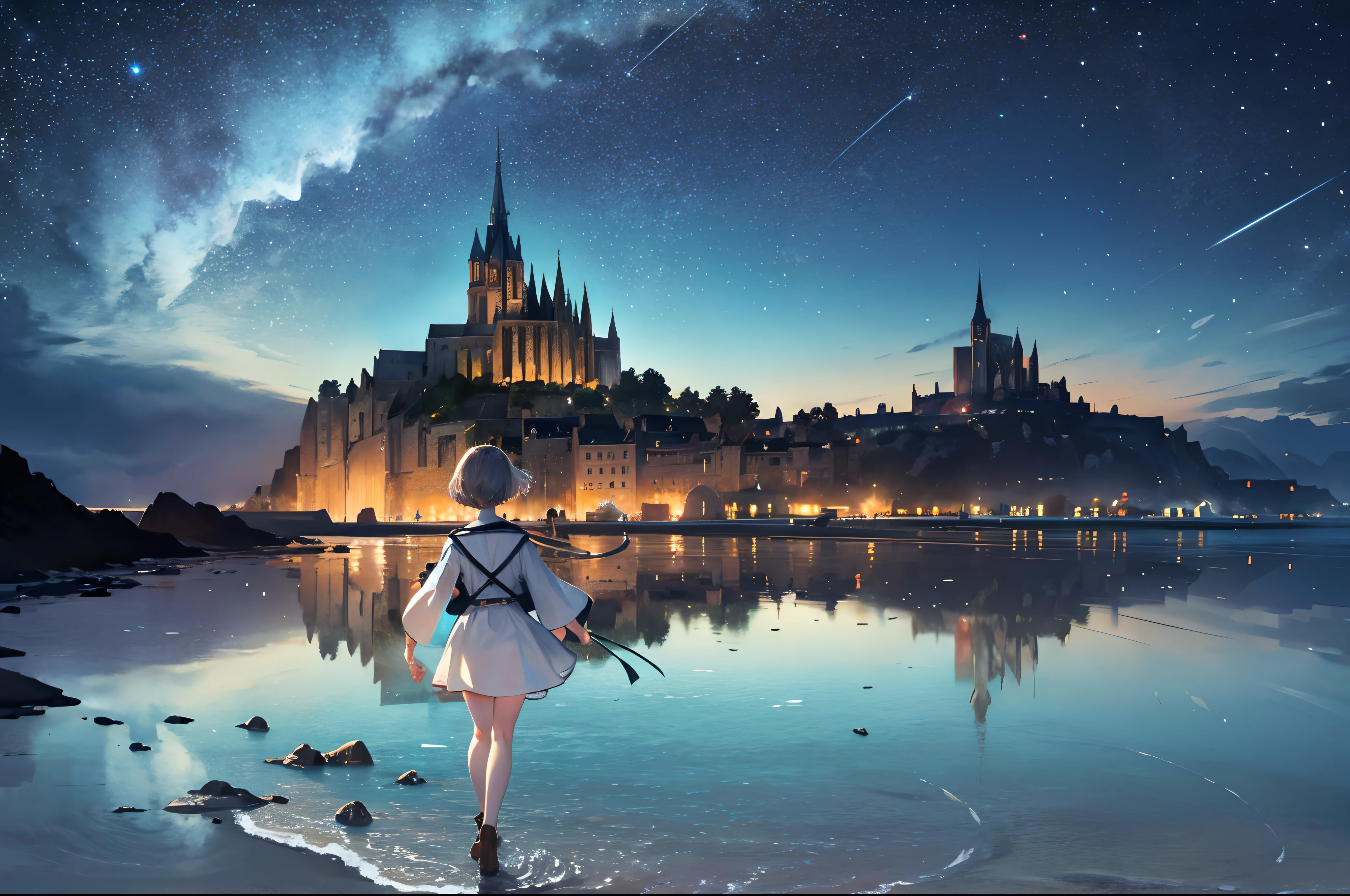 Bright soft panorama on night starry sky background、Mont Saint-Michel、An old castle floating in the vast sea、Ruins、no human figures、ancient ruin、Sea whole